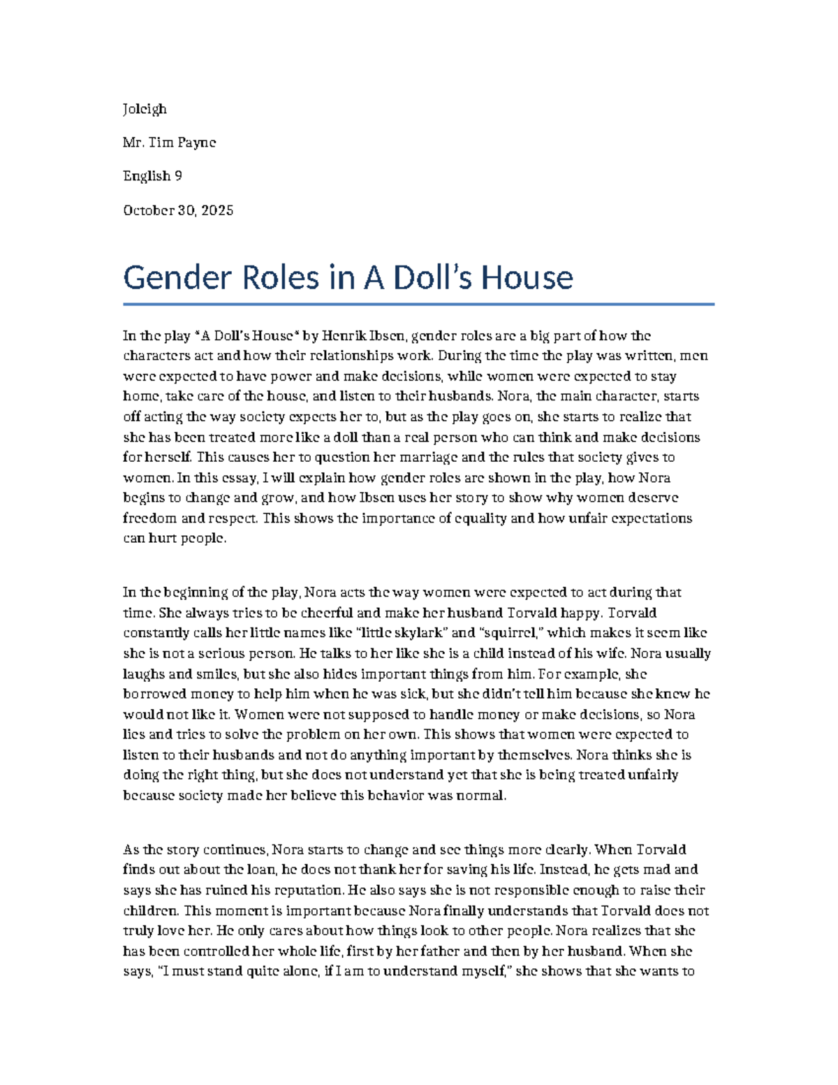 English 9: Gender Roles in Ibsen's A Doll's House Essay - Studocu