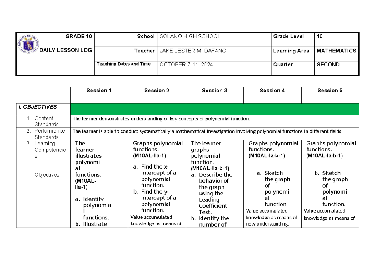 DLL Grade 10 Q2 Week 3: Understanding Polynomial Functions - Studocu