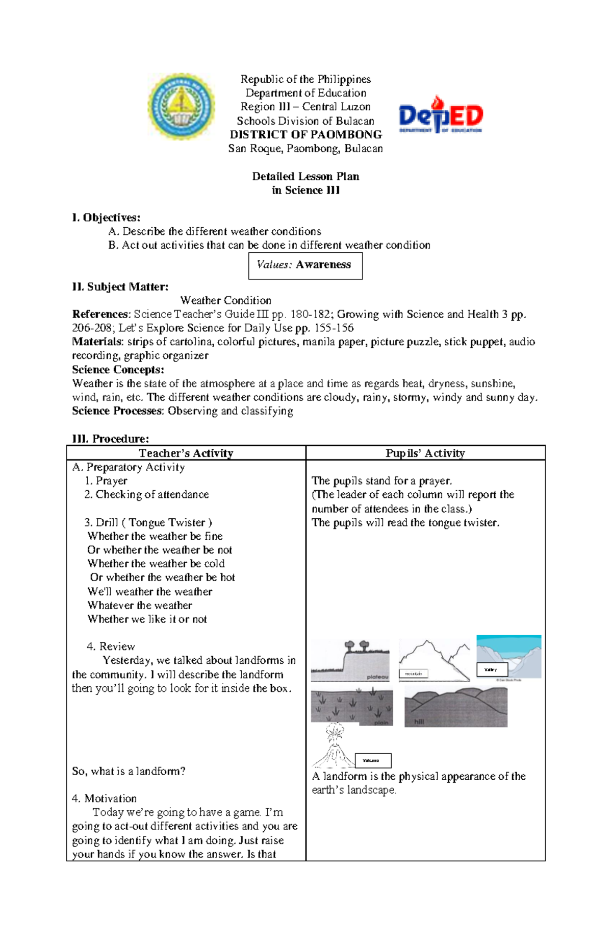 Detailed Lesson Plan: Weather Conditions in Science III - Studocu