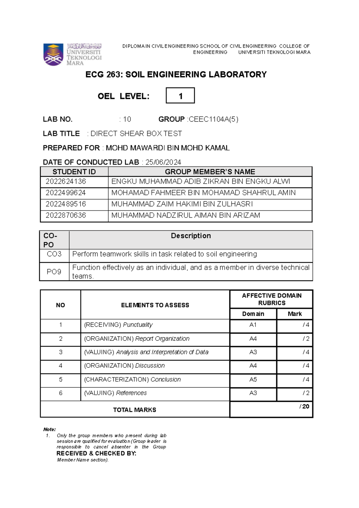 ECG 263: Direct Shear Box Test Lab Report - Group 1 - Studocu
