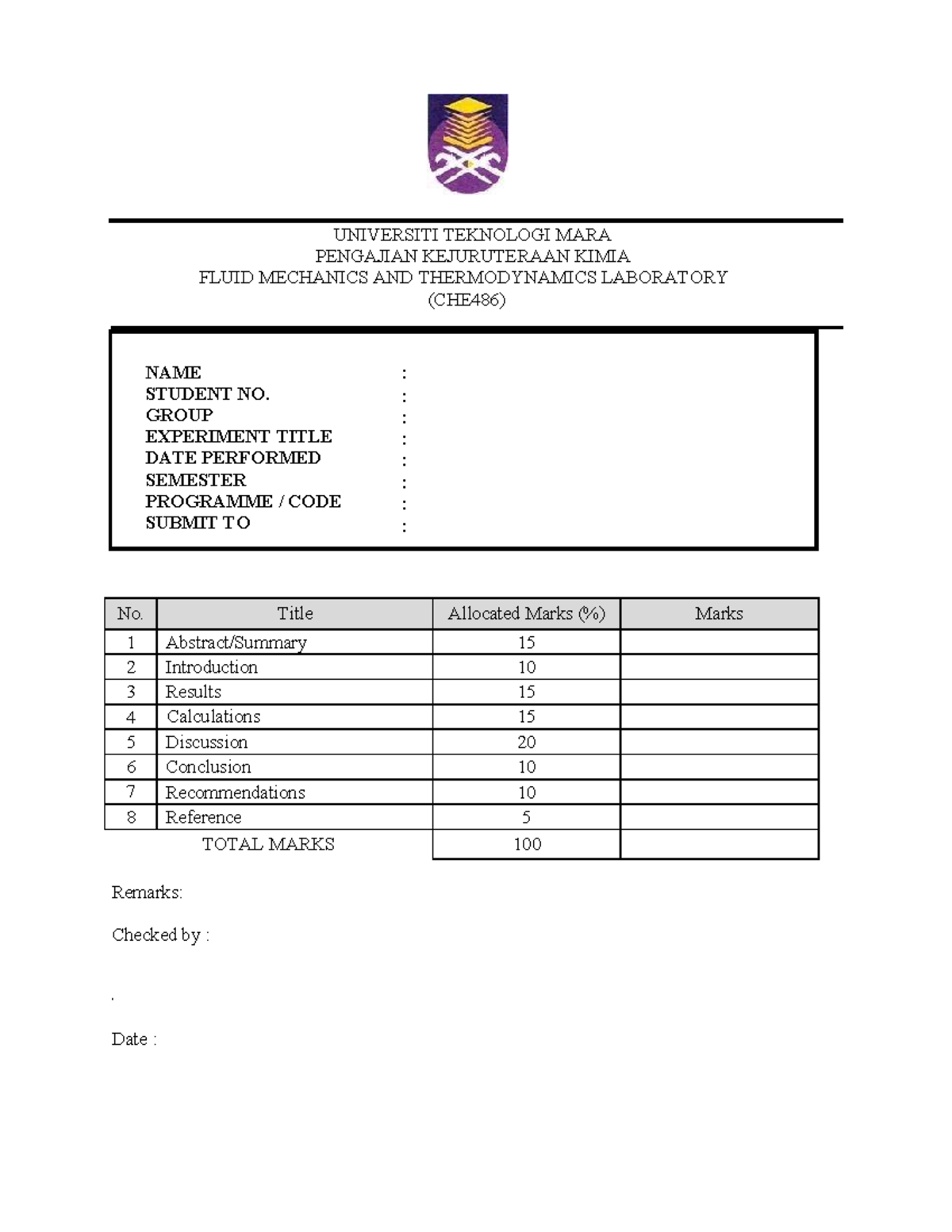 CHE486 Close Ended - Technical Report Format - UNIVERSITI TEKNOLOGI ...