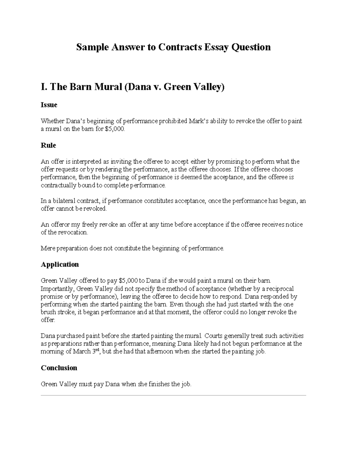Contracts Essay Sample Answer: Dana v. Green Valley & Others - Studocu