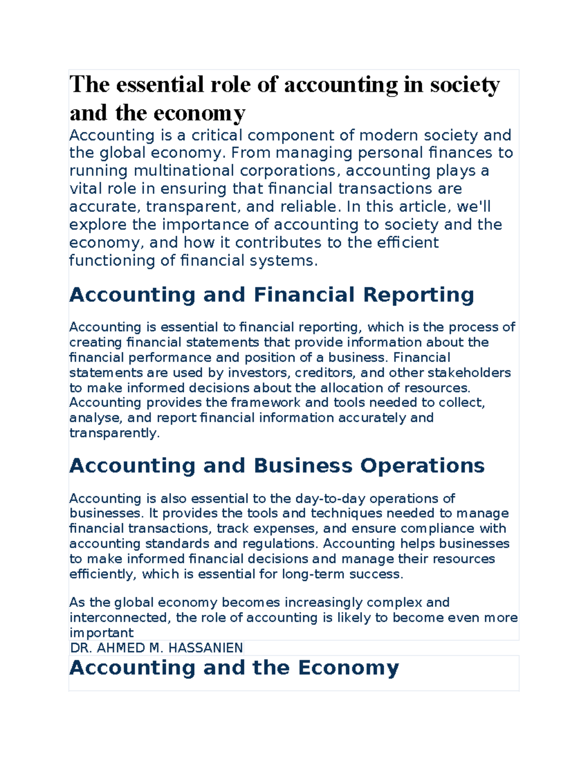 The Critical Role of Accounting in Society and the Global Economy - Studocu