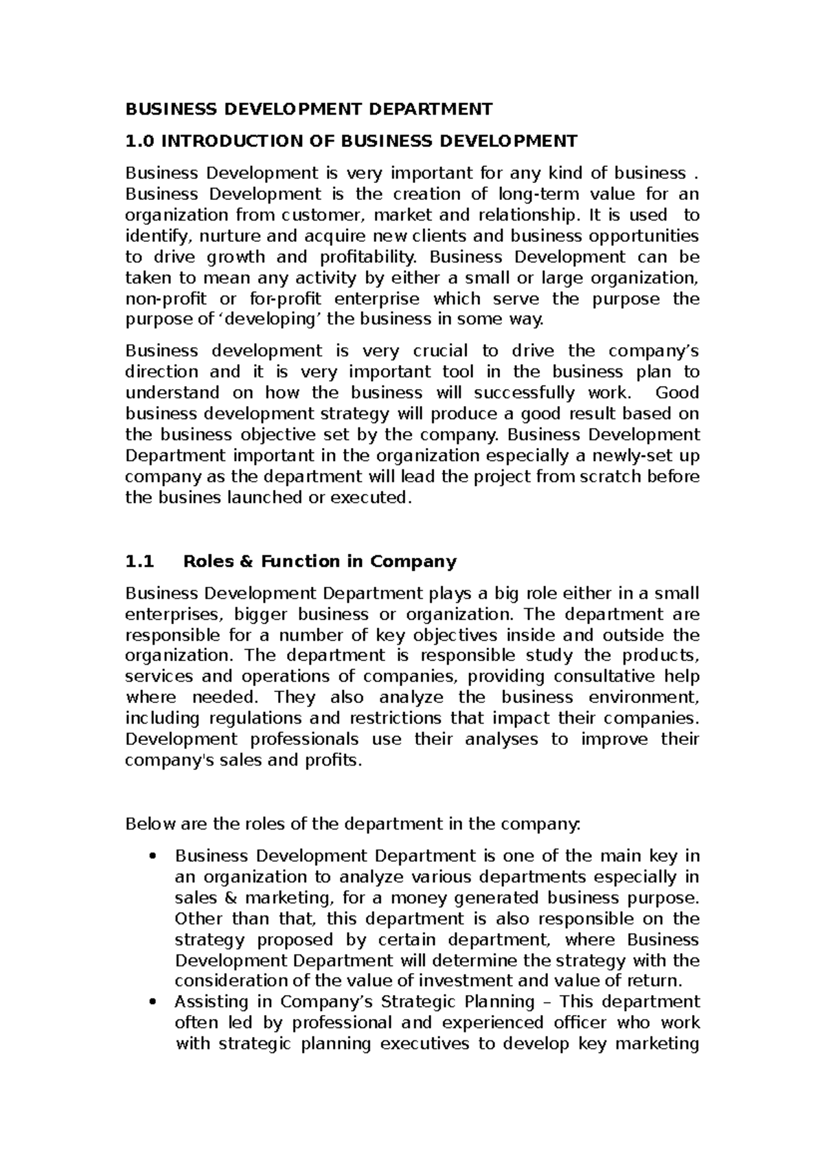 Business Development Plan Assignment - BUSINESS DEVELOPMENT DEPARTMENT ...