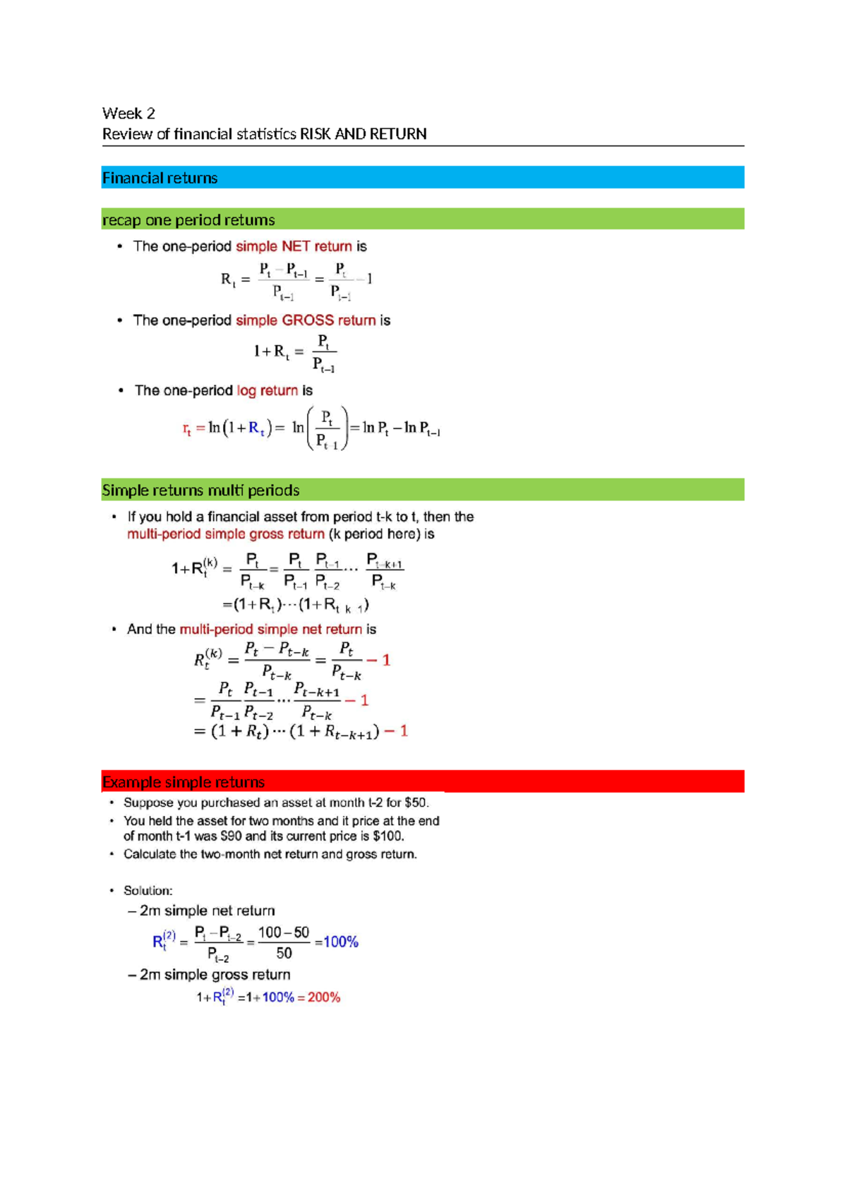 Week 2 Review: Financial Statistics (RISK & RETURN) - Studocu