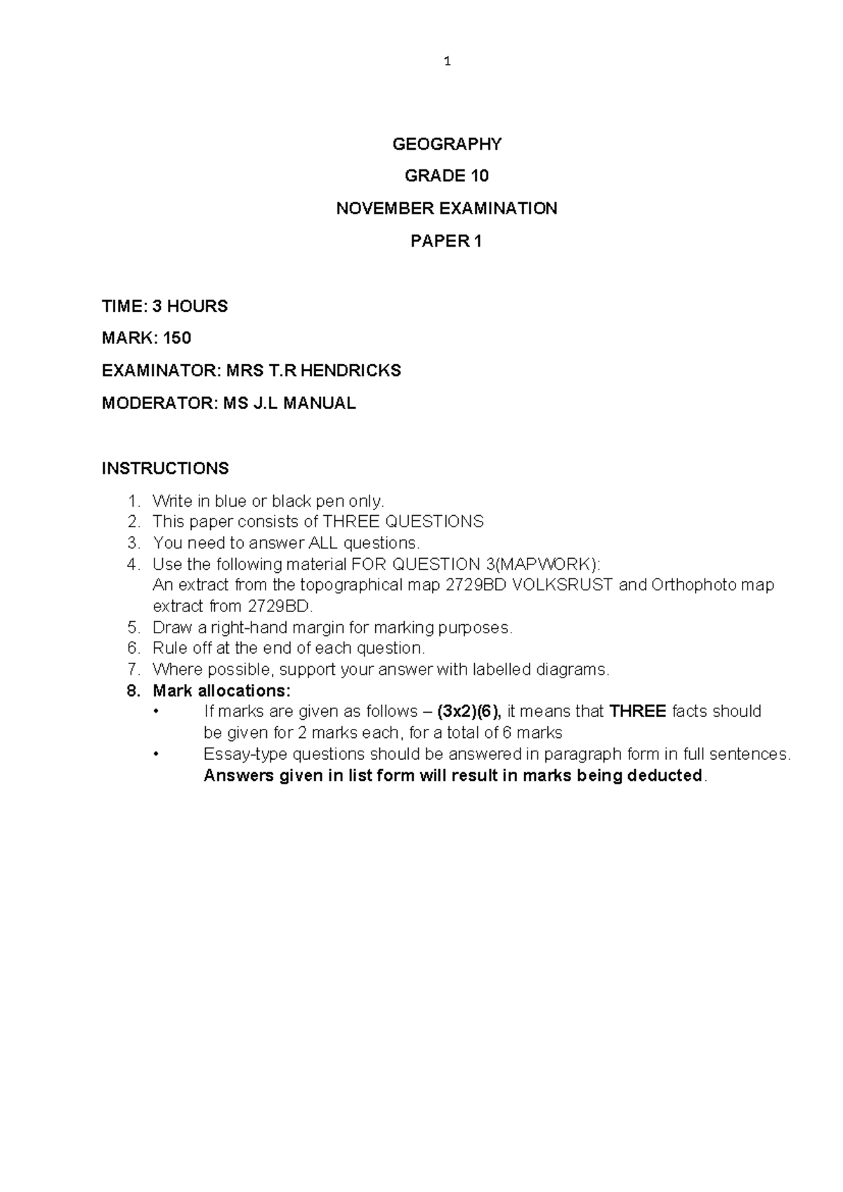 Geography Grade 10 November Exam Paper 1 - 2025 - Studocu
