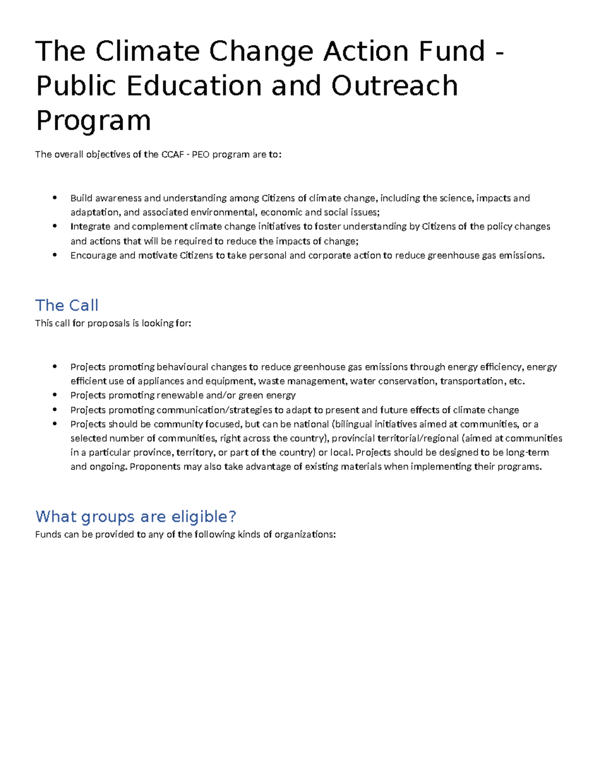 CCAF PEO Program: Climate Change Awareness & Project Funding Guide ...