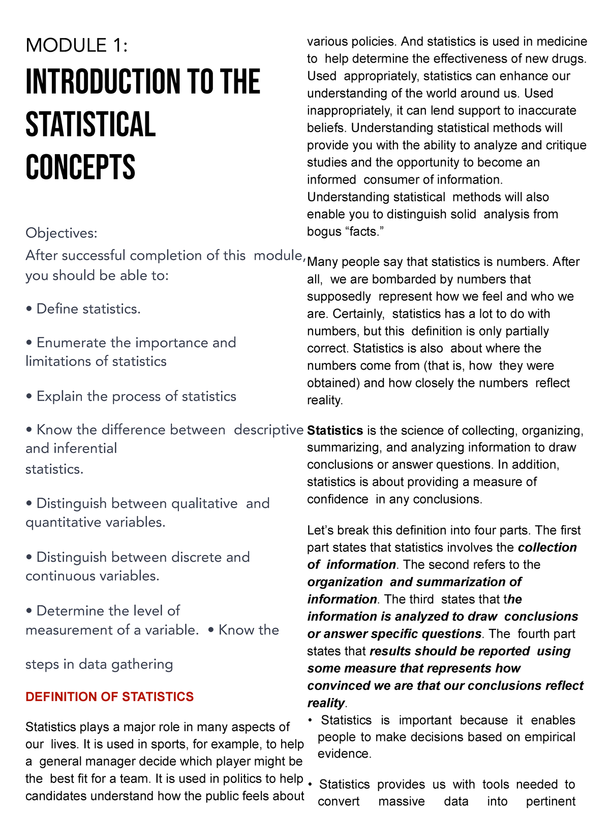 Statistical Concepts Overview: Definitions and Applications in STAT 101 ...