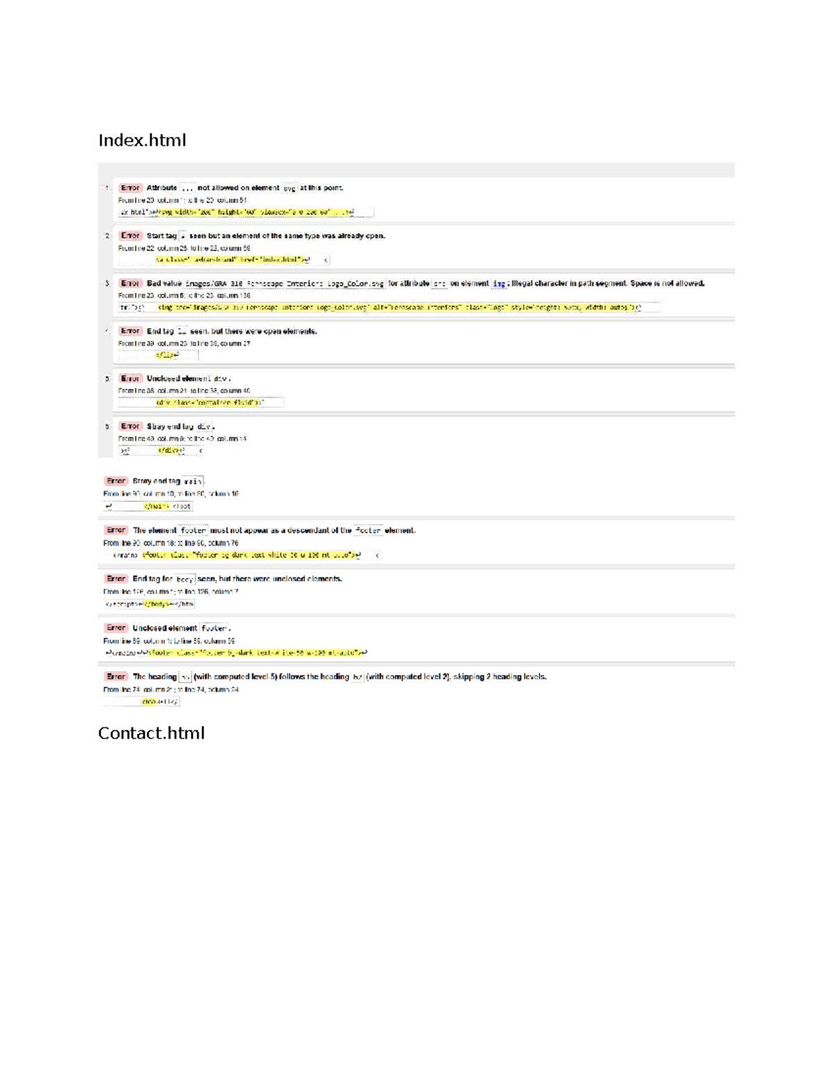 HTML Validation Errors Report for Index.html and Contact.html - Studocu
