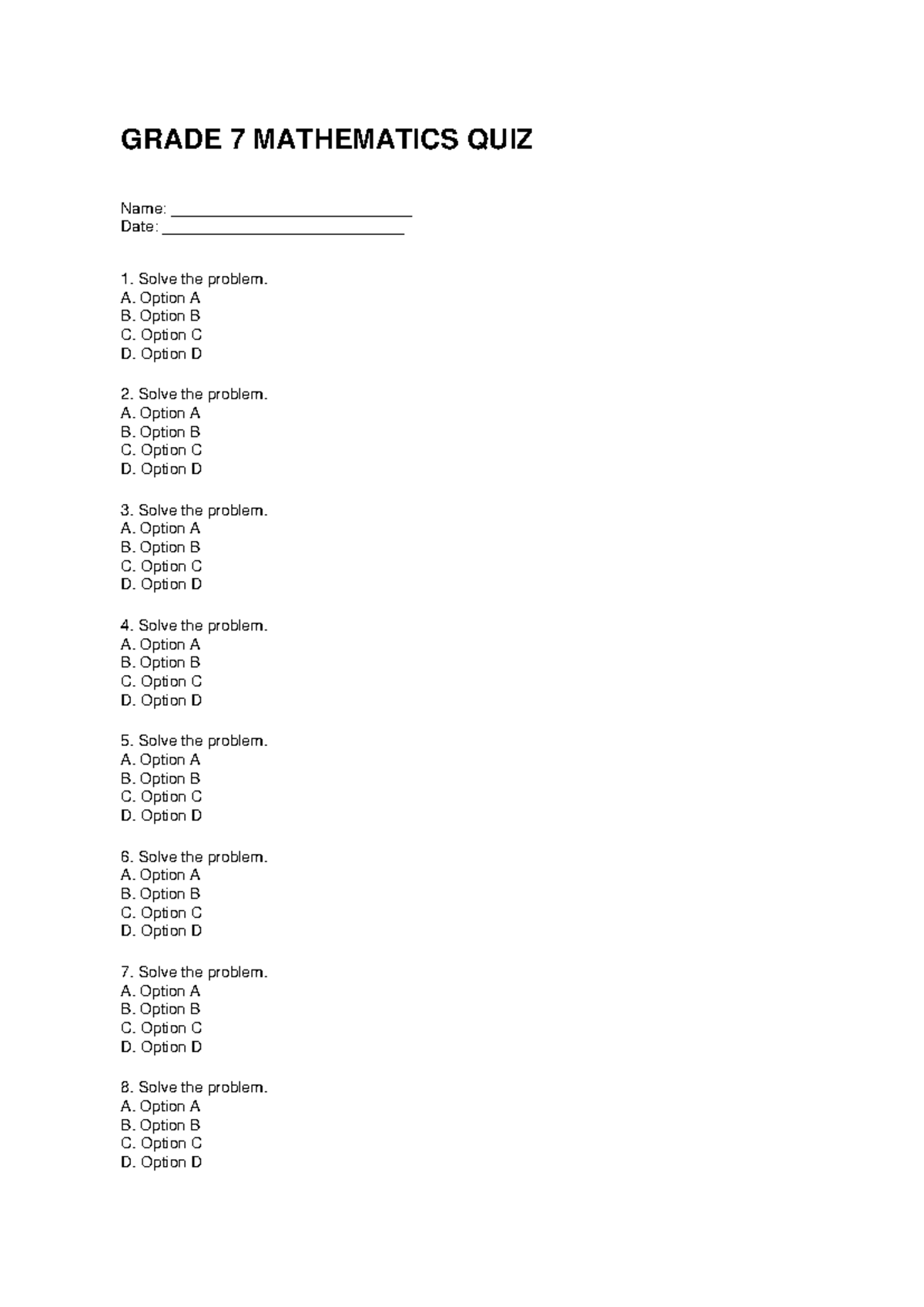 GRADE 7 MATHEMATICS QUIZ: 100 PROBLEMS TO SOLVE - Studocu