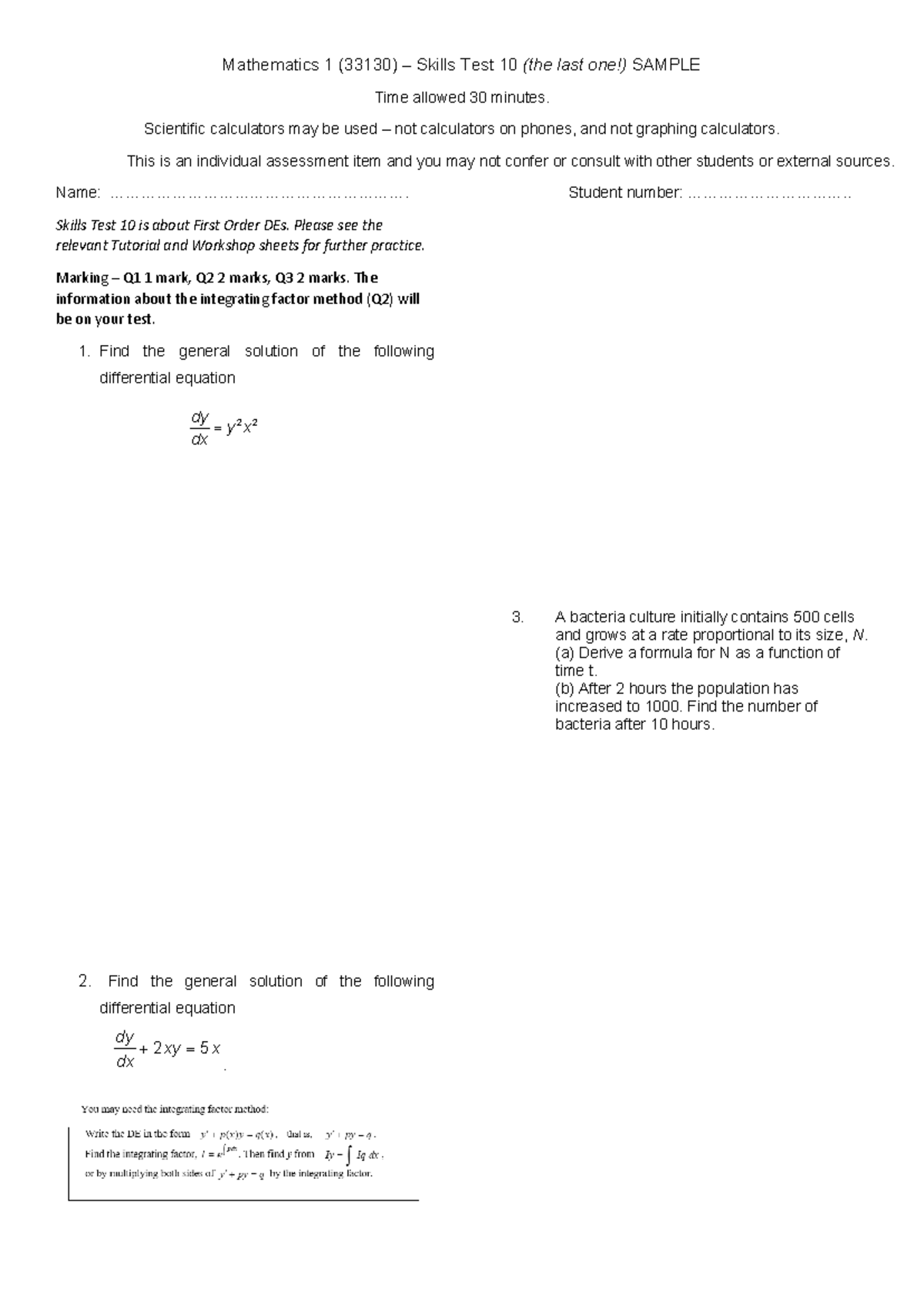33130 Math 1 Skills Test 10 Sample on First Order DEs - Studocu