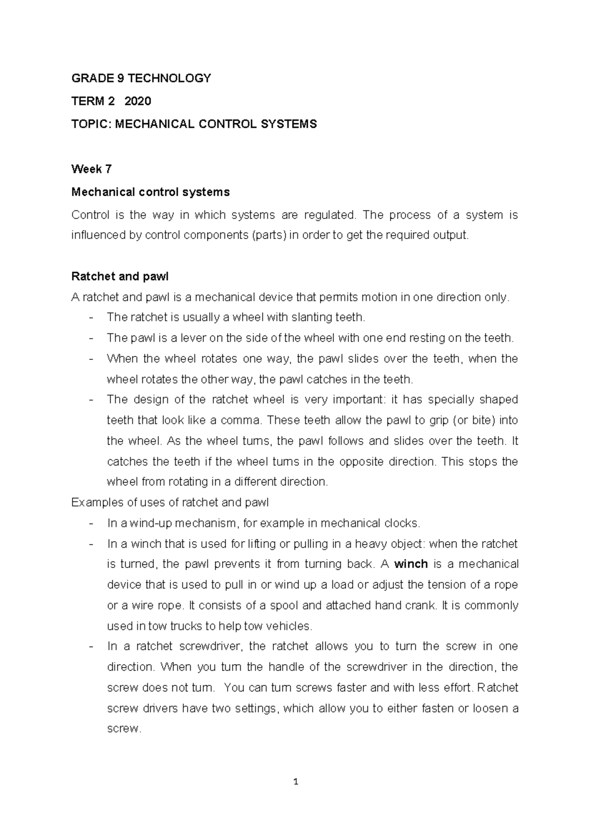 Grade 9 Technology T2 Week 7 Notes: Mechanical Control Systems - Studocu