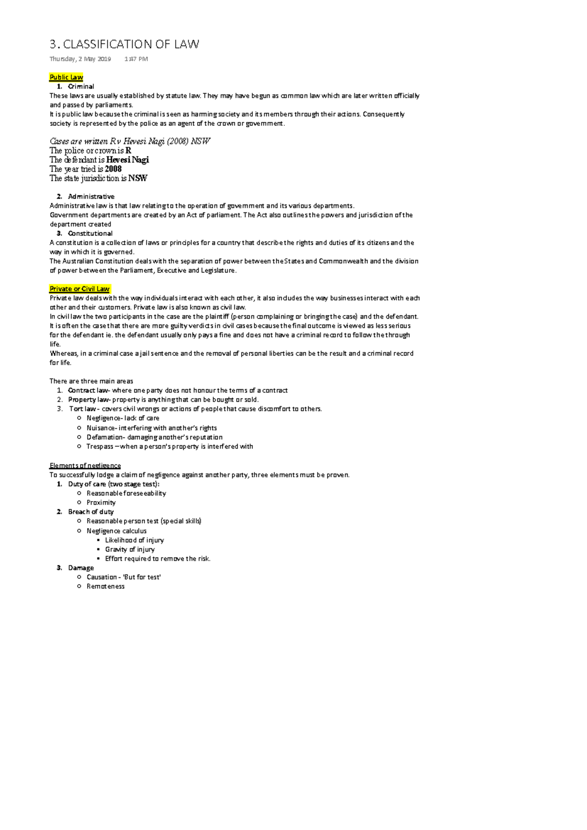 Classification of Law: Key Concepts and Cases - LAW101 Lecture Notes ...