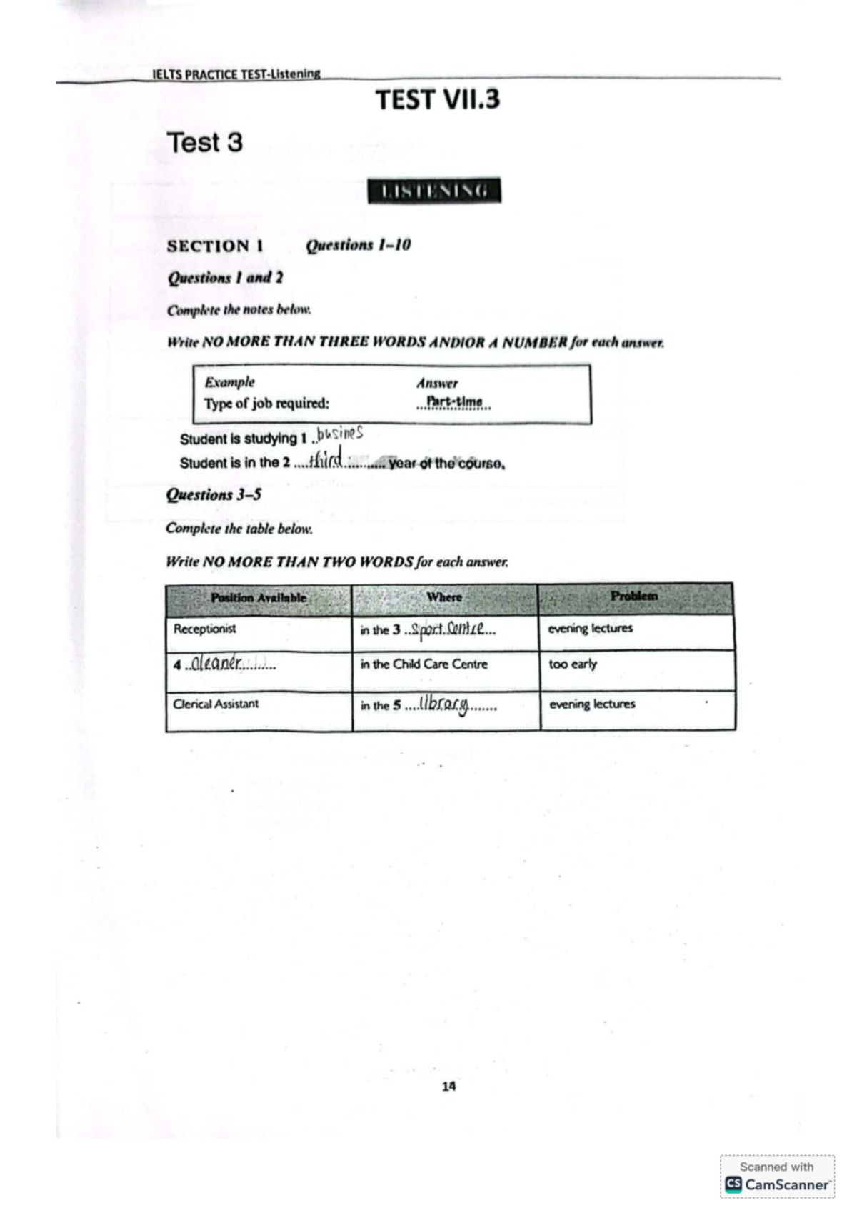 IELTS PRACTICE TEST VII.3 Listening Section 1 & 2 Questions - Studocu
