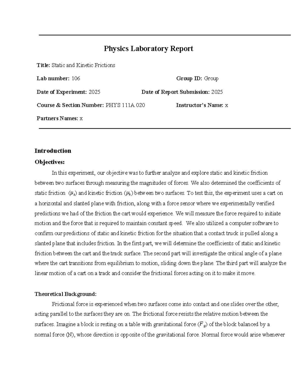 PHYS 020: Static and Kinetic Friction Lab Report (Lab 106) - Studocu