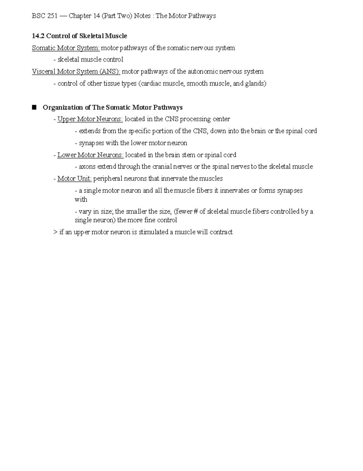 A&P II Chapter 14 Nervous System Function: Somatic Motor Control - Studocu