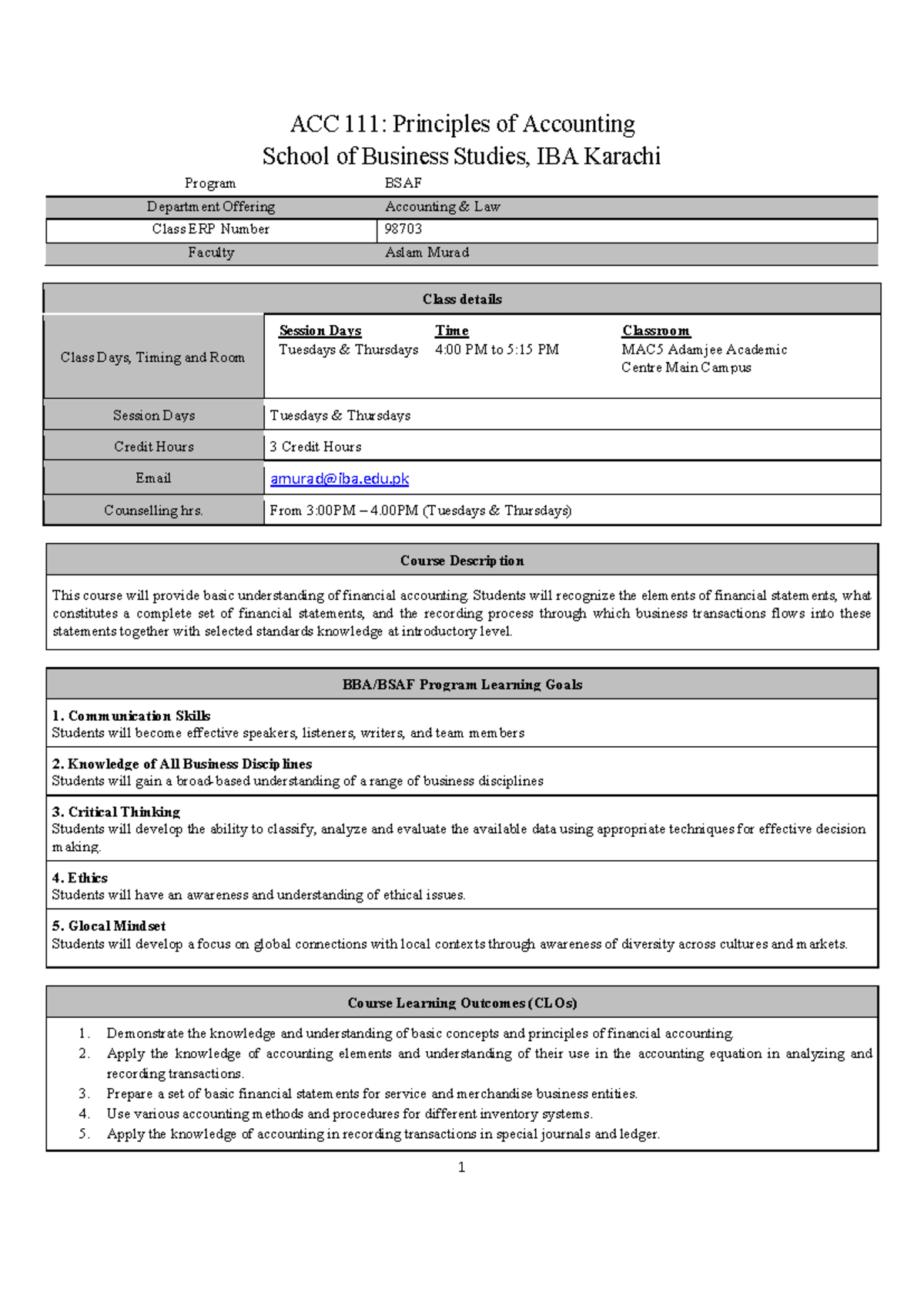 ACC 98703 Principles of Accounting Course Outline - Spring 2025 - Studocu