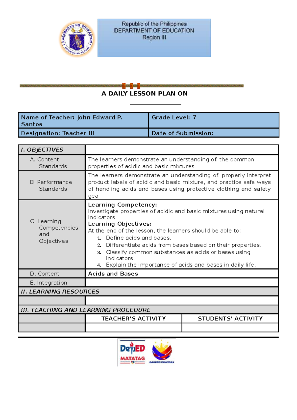 SED 3207 Daily Lesson Plan: Acids and Bases for Grade 7 - Studocu