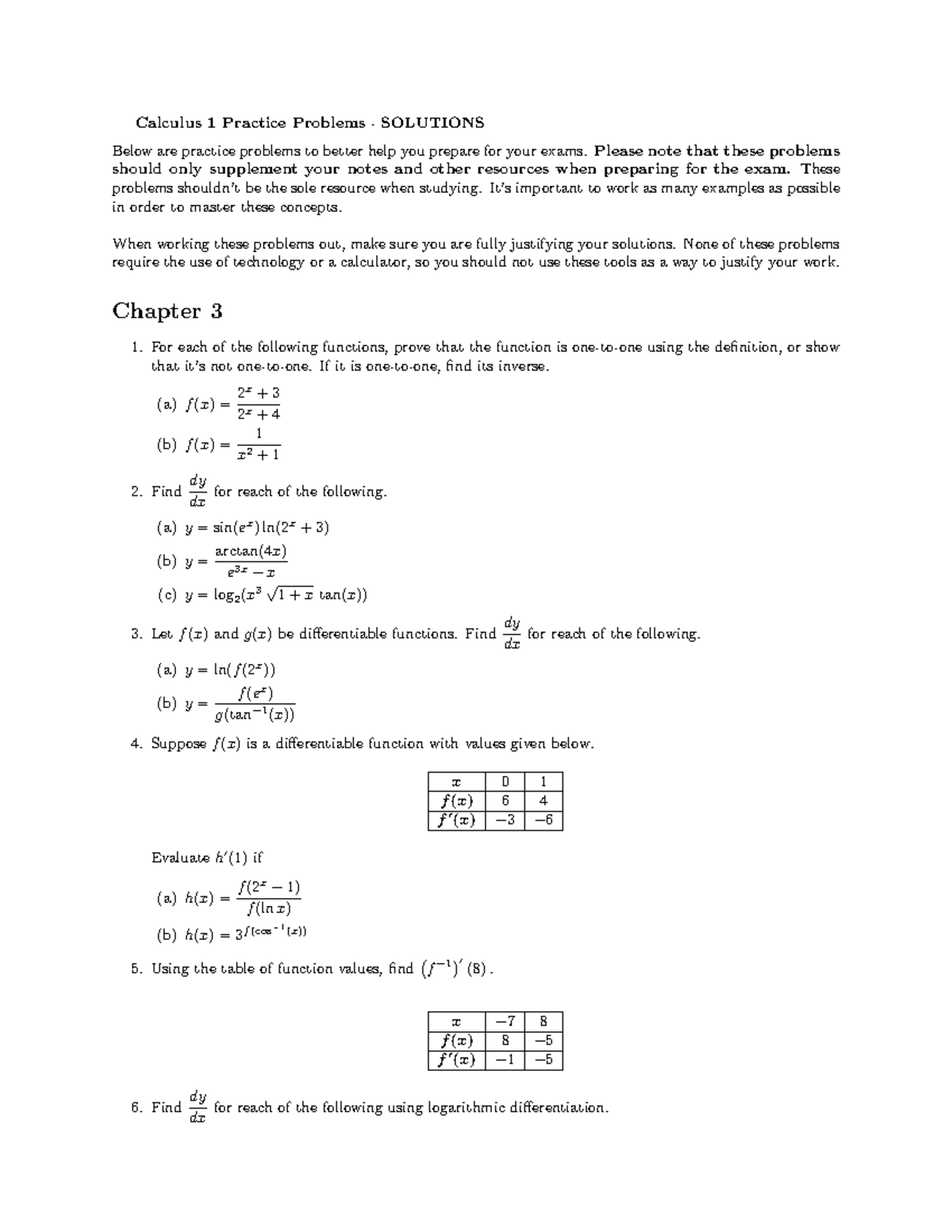 Chapter 3 Calculus 1 Practice Problems - Homework Solutions - Studocu