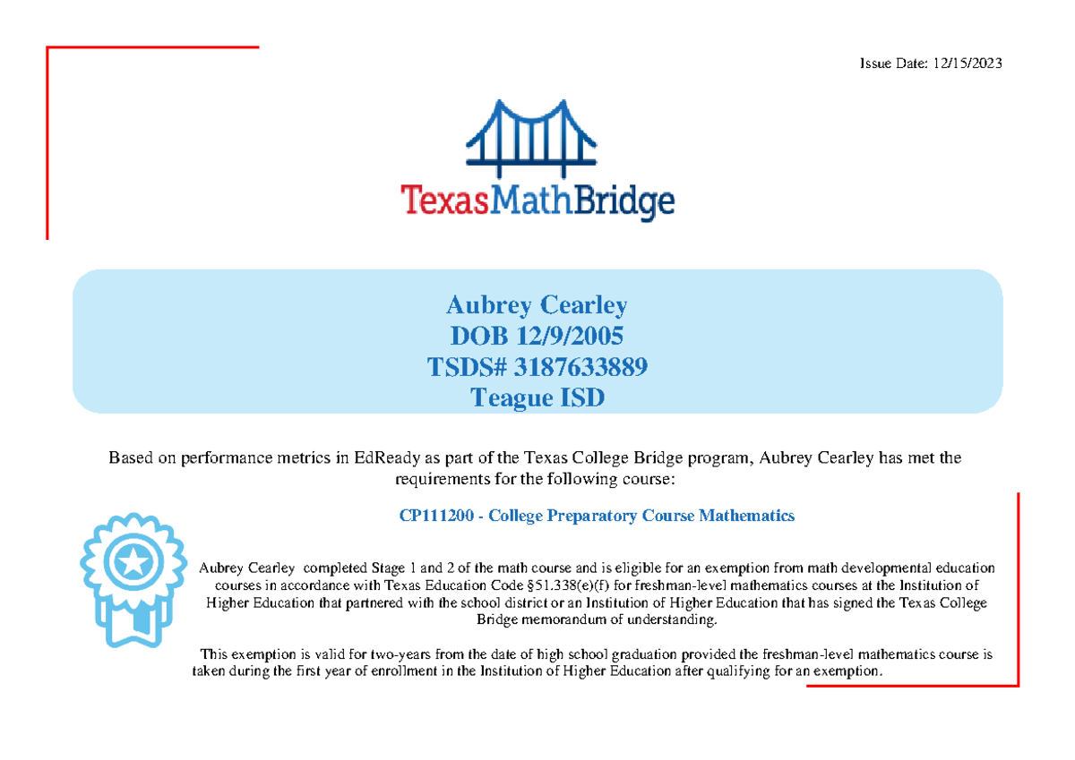CP111200 - College Prep Math Exemption Document for Aubrey Cearley ...