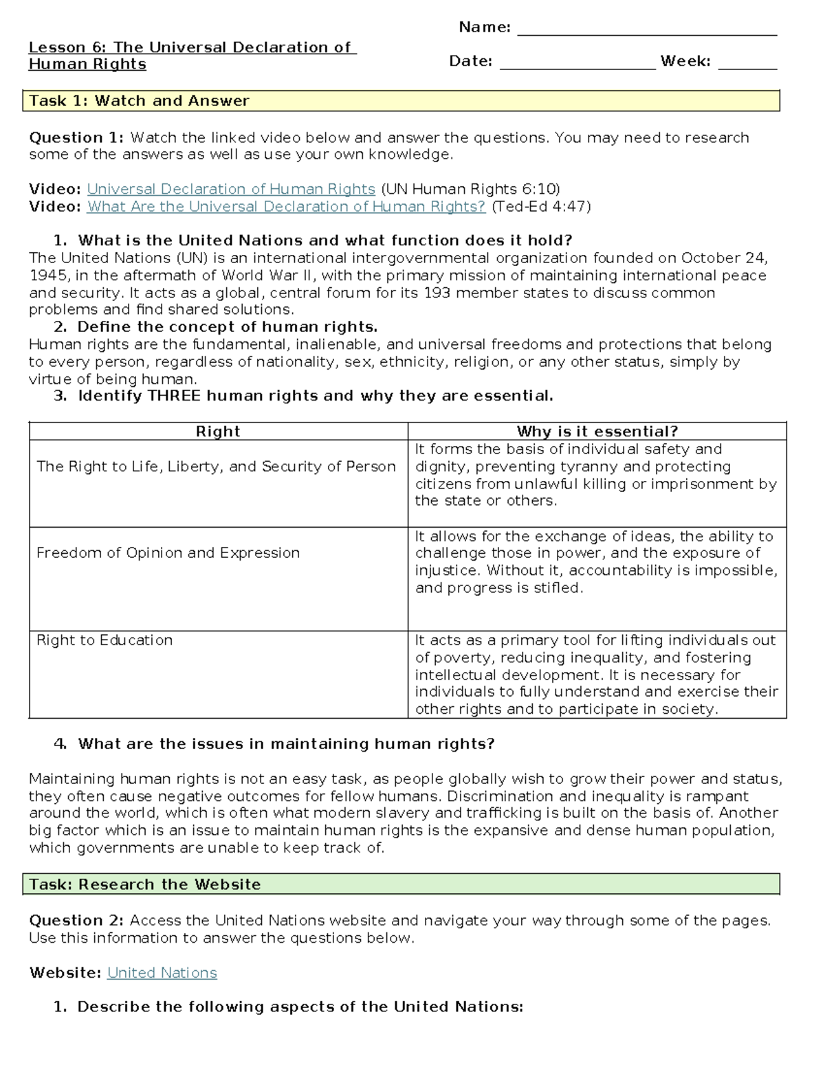 Lesson 6: The Universal Declaration of Human Rights (Task 1 & 2) - Studocu
