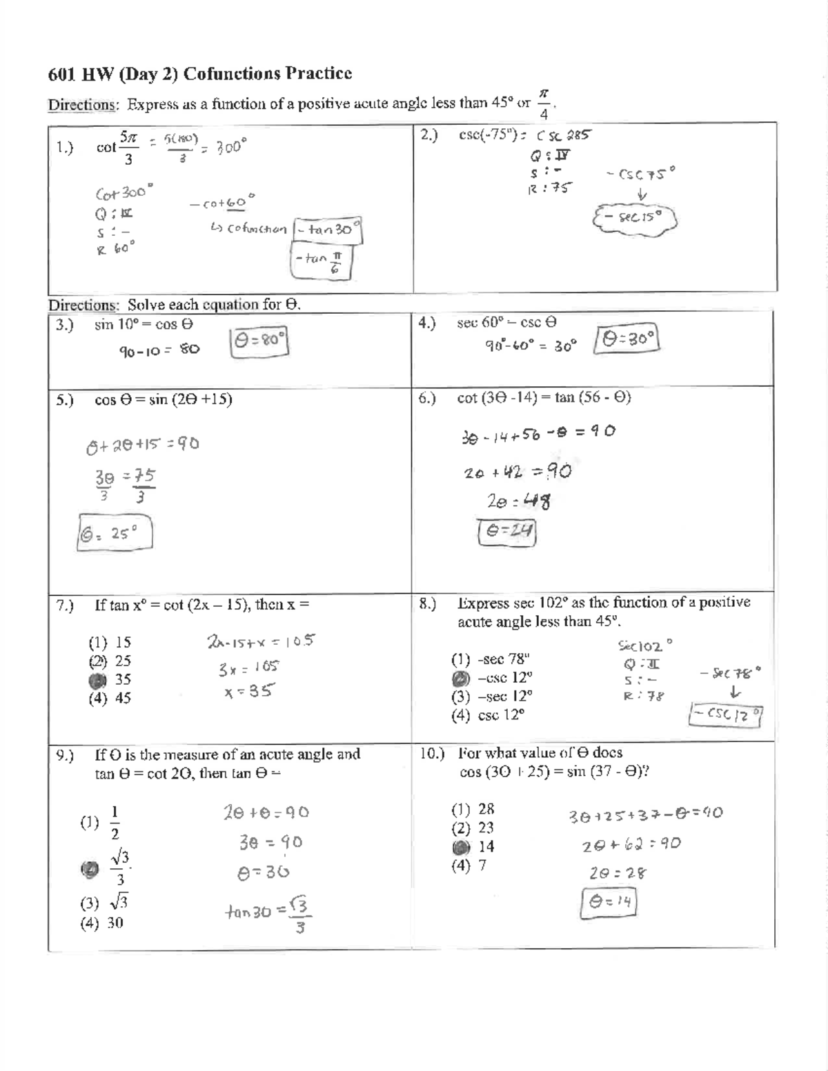 601 HW (Day 2) Cofunctions Practice and Problem Solving - Studocu
