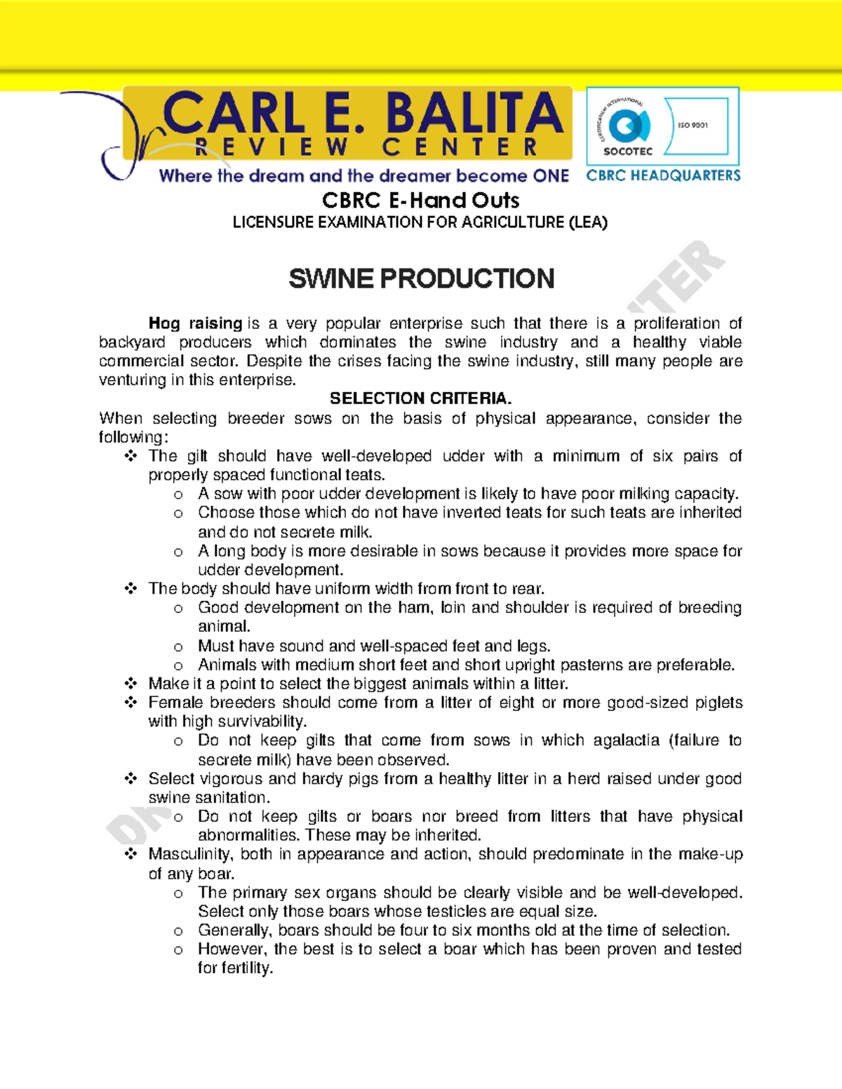 LEA HO Ansci 1 - swine-production Lecture - CBRC E-Hand Outs LICENSURE ...