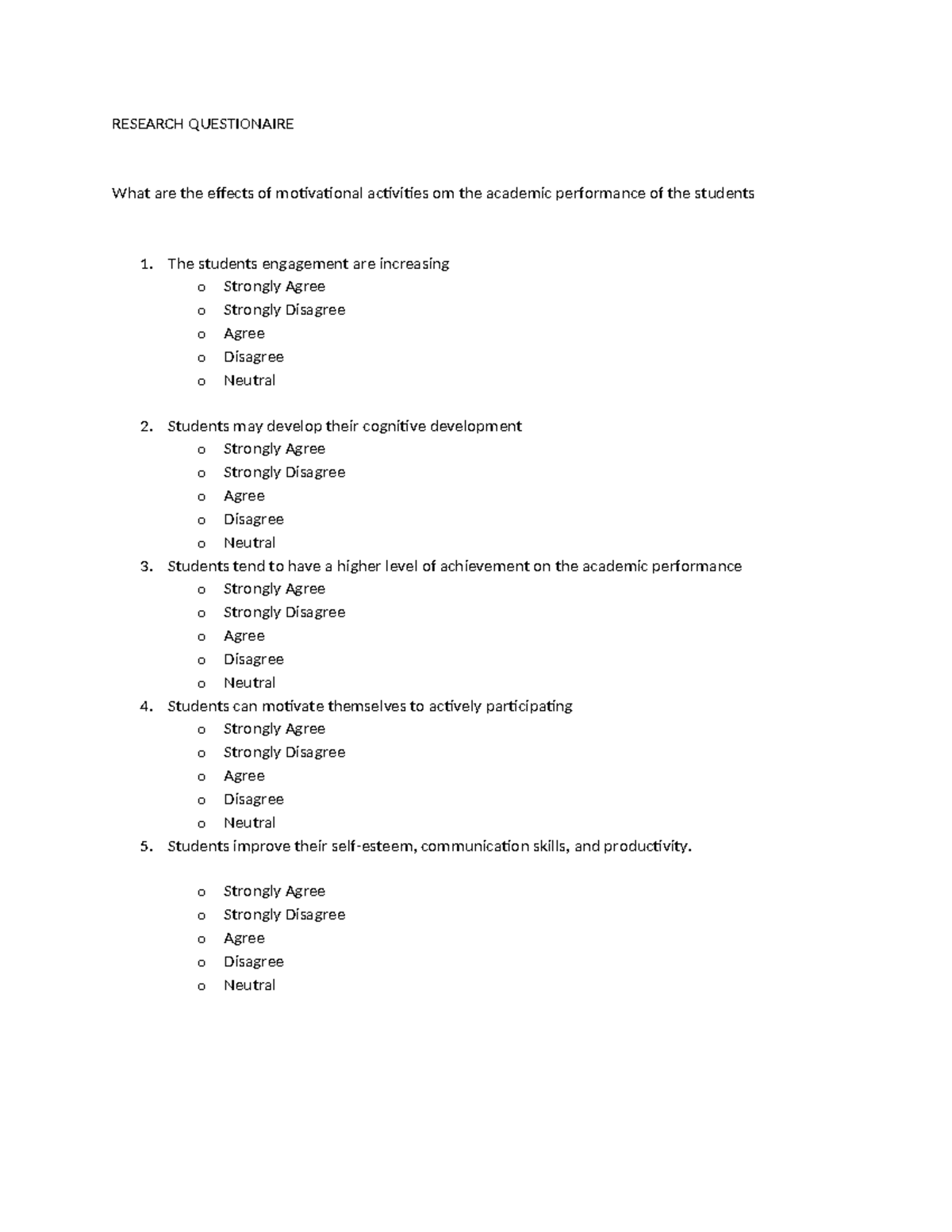 Research Questionnaire on Motivation Effects on Student Performance ...