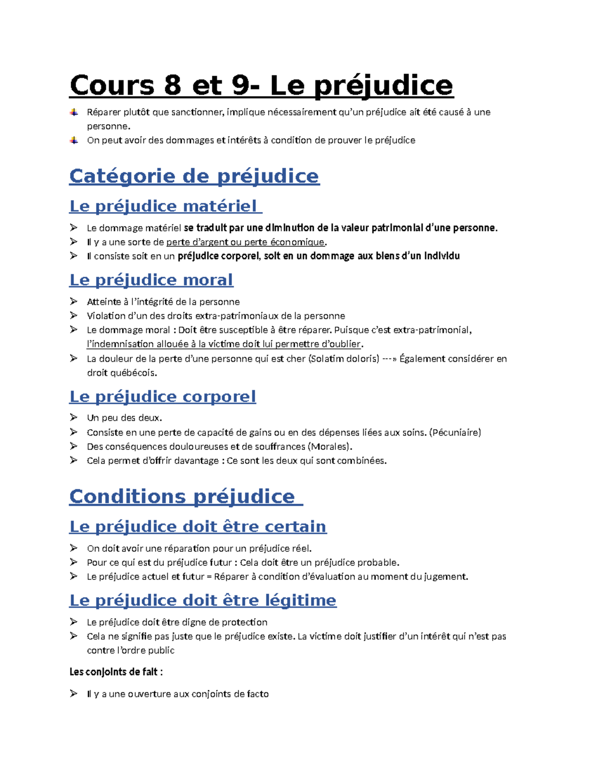 Cours 8-9 - Cours 8 et 9- Le préjudice Réparer plutôt que sanctionner ...