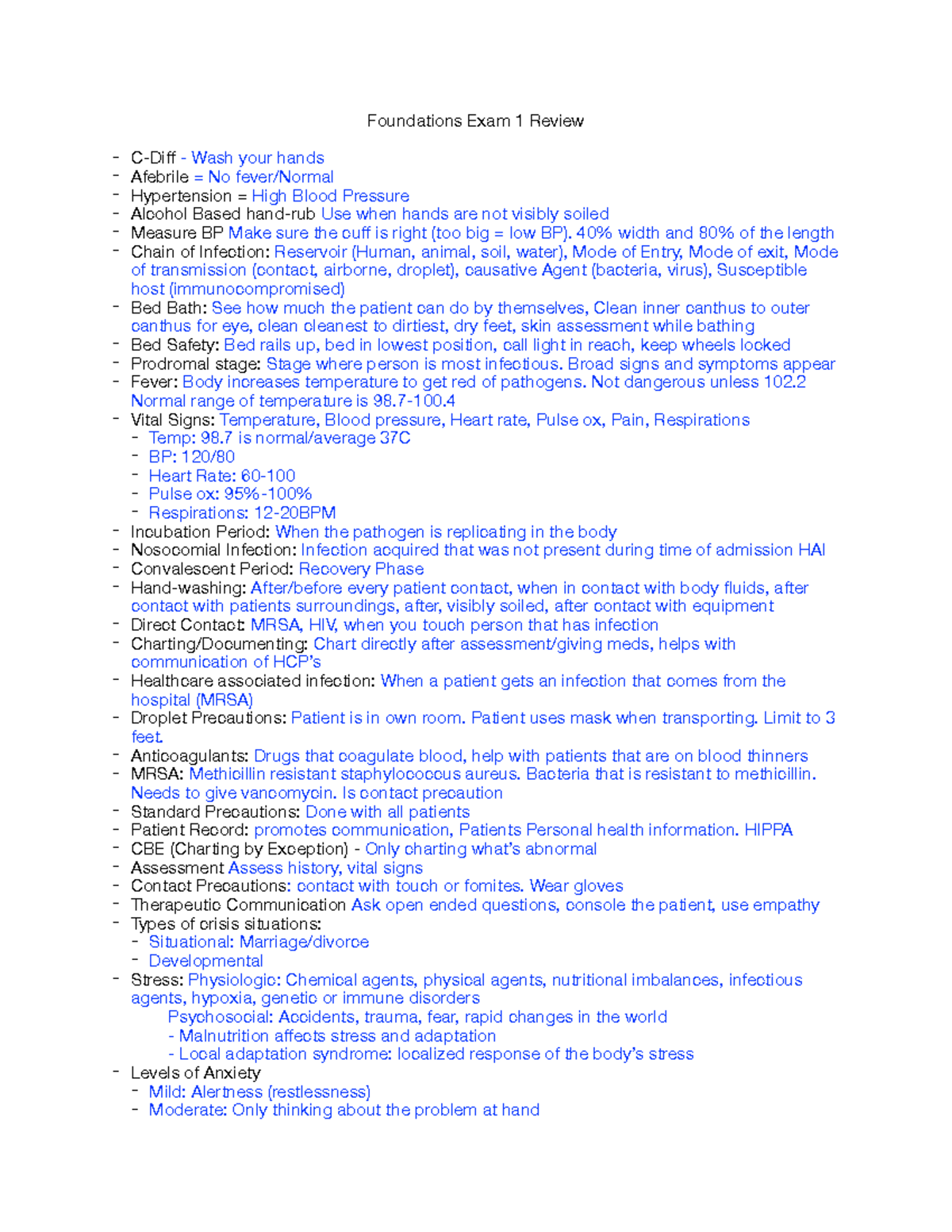 Foundations NUR 101 Exam 1 Study Guide & Review Notes - Studocu