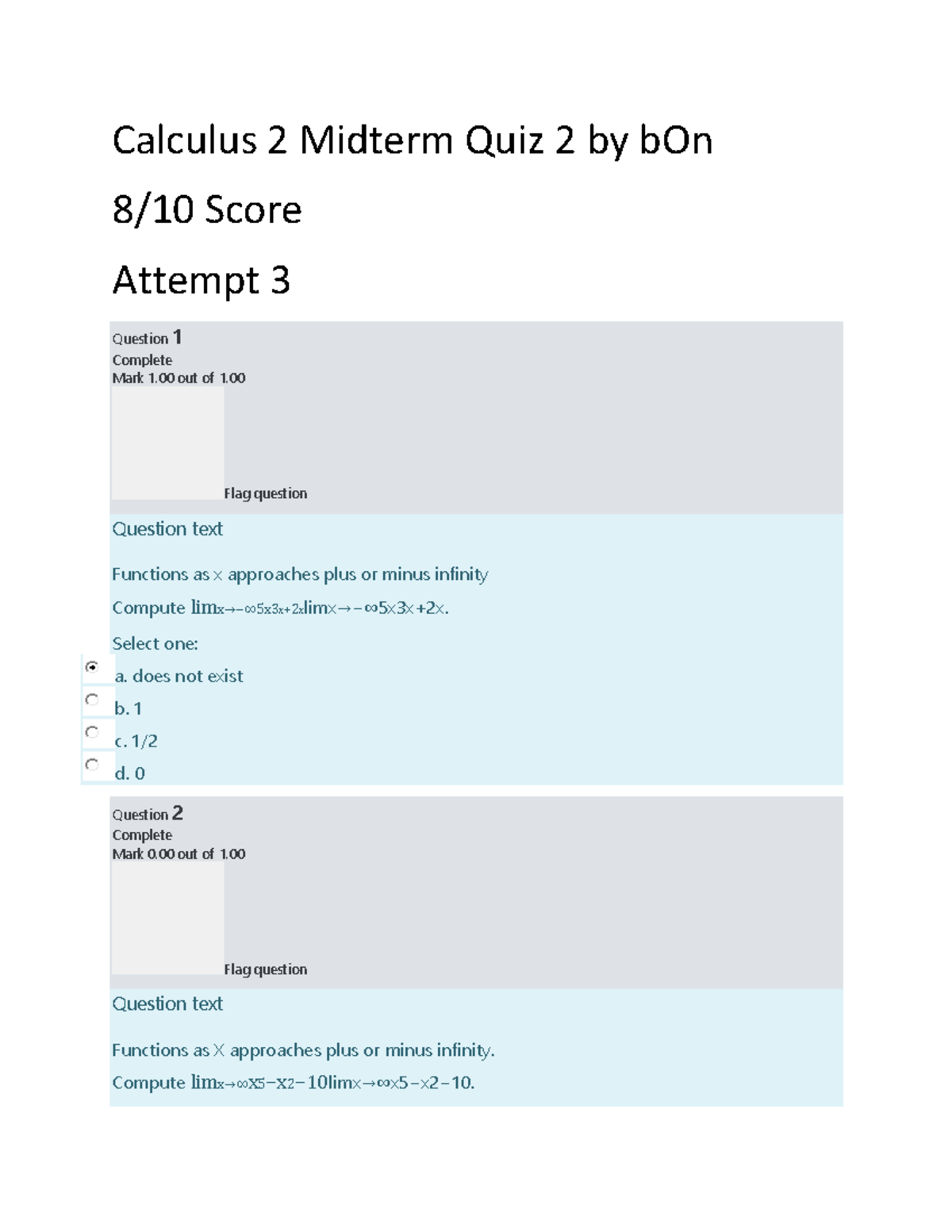QUIZ FOR CALCULUS MIDTERM QUIZ NUMBER 2 - Calculus 2 Midterm Quiz 2 by ...