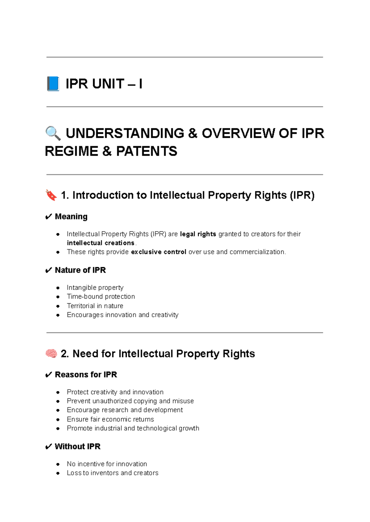 IPR U1: Overview of Intellectual Property Rights and Patents - Studocu