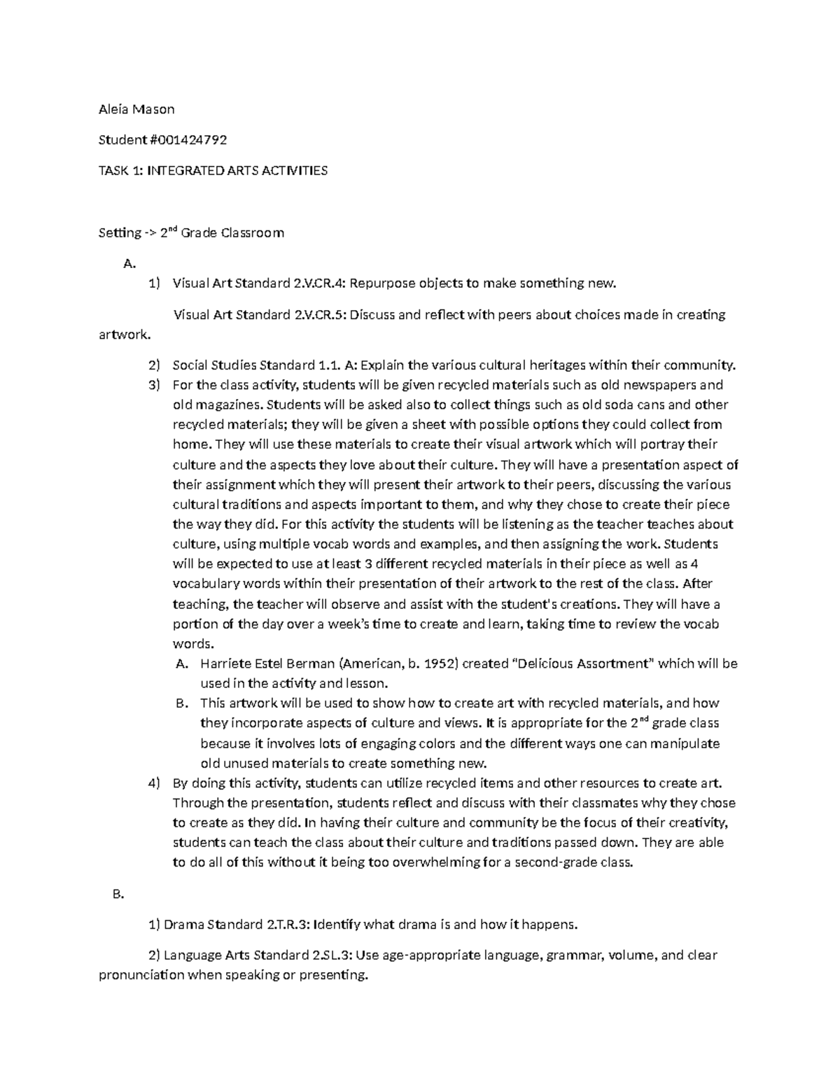 Task 1 - C105 - Integrated Arts Activities Performance Assessment - Studocu