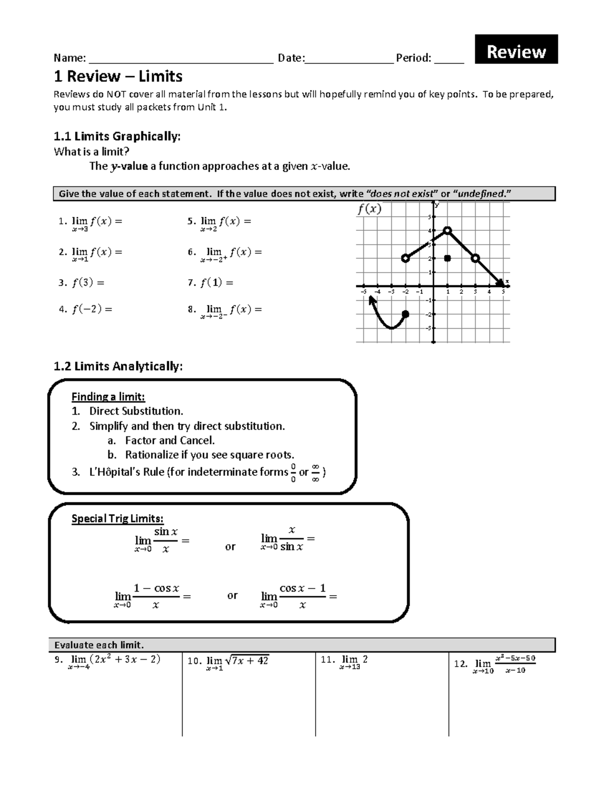 C Unit 1 Review: Midterm Practice Notes on Limits - Studocu
