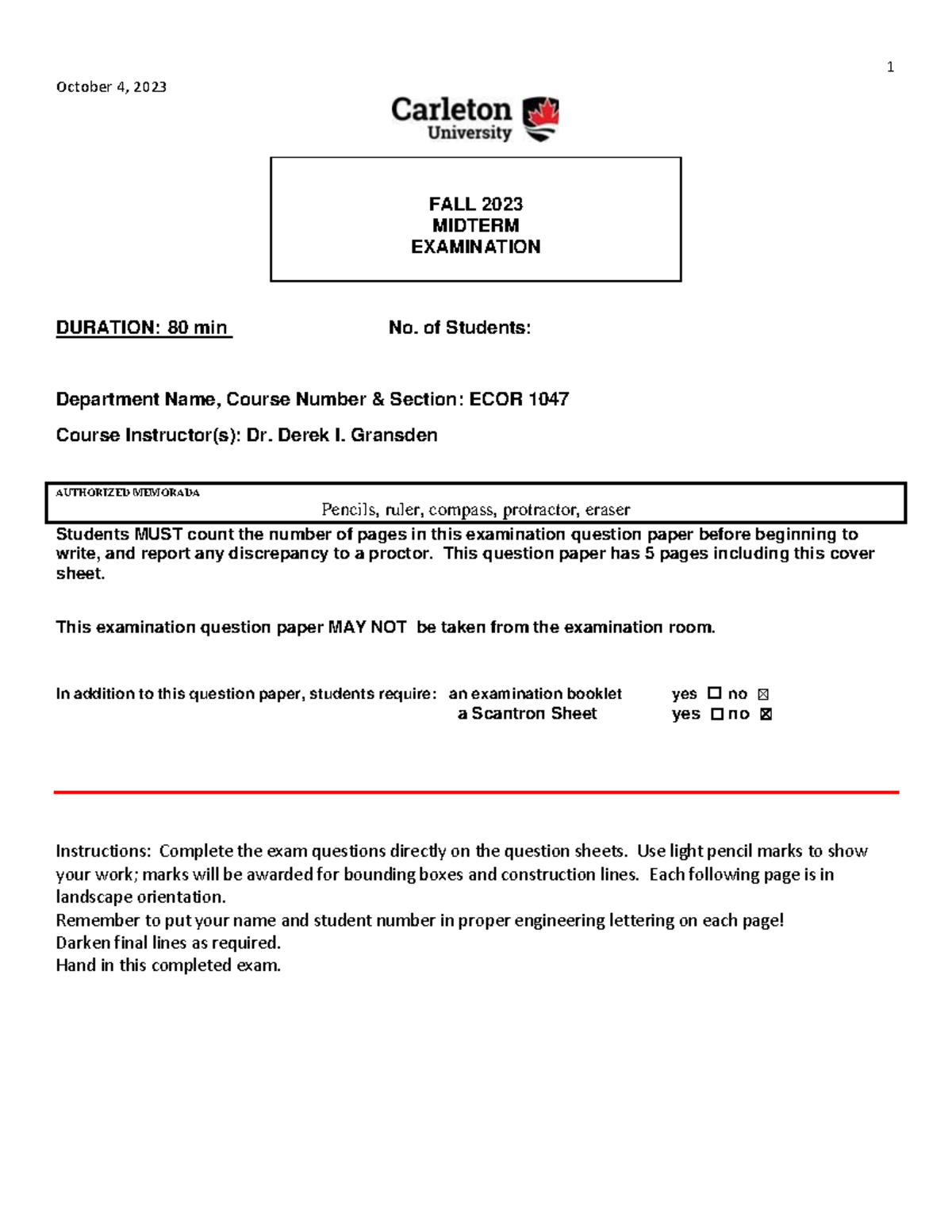 ECOR 1047 - Midterm Examination Details and Instructions - Studocu