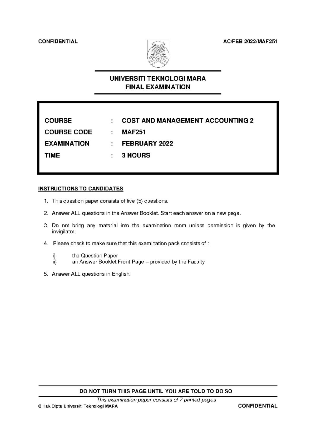 FA MAF251 Final Exam: Cost and Management Accounting 2 - Feb 2022 - Studocu