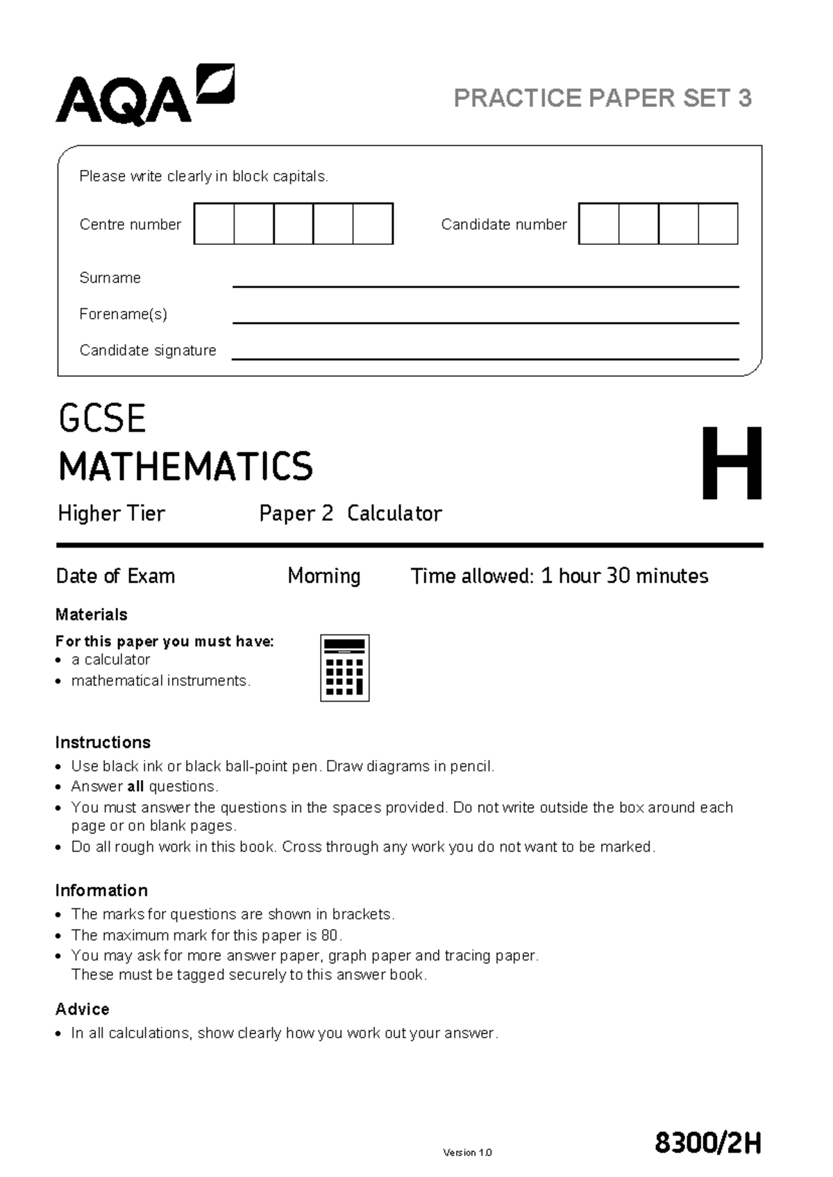 AQA GCSE Mathematics (8300) Paper 2H Practice Paper Set 3 - Studocu
