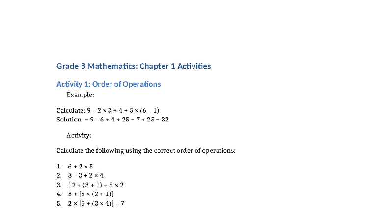 Grade 8 Maths: Chapter 1 Activities & Exercises - Studocu