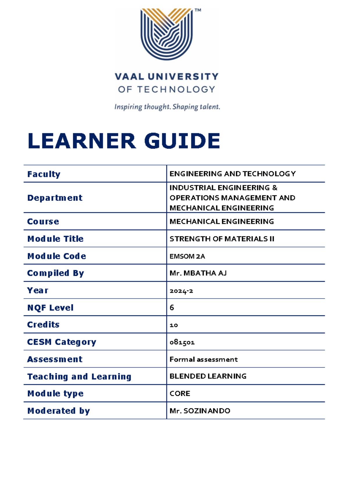 Learner Guide for EMSOM 2 A: Strength of Materials II (2024) - Studocu