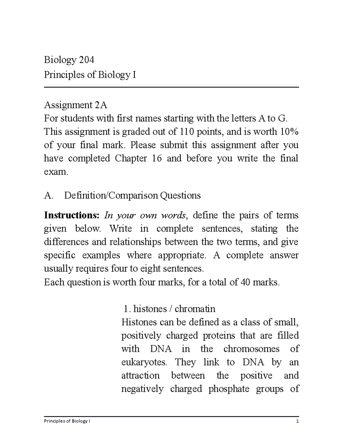 Assign 2a - Biology 204 Principles of Biology I Assignment 2A For ...