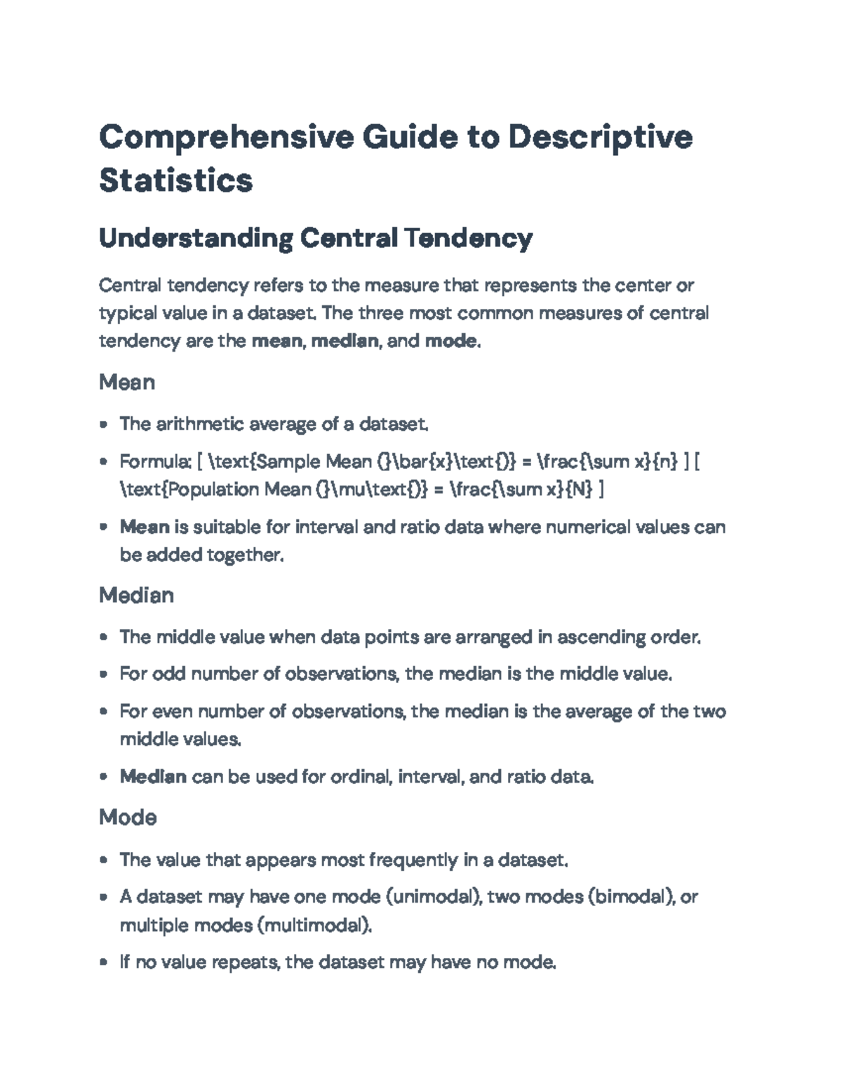 Comprehensive Guide to Descriptive Statistics (Final Exam A ...