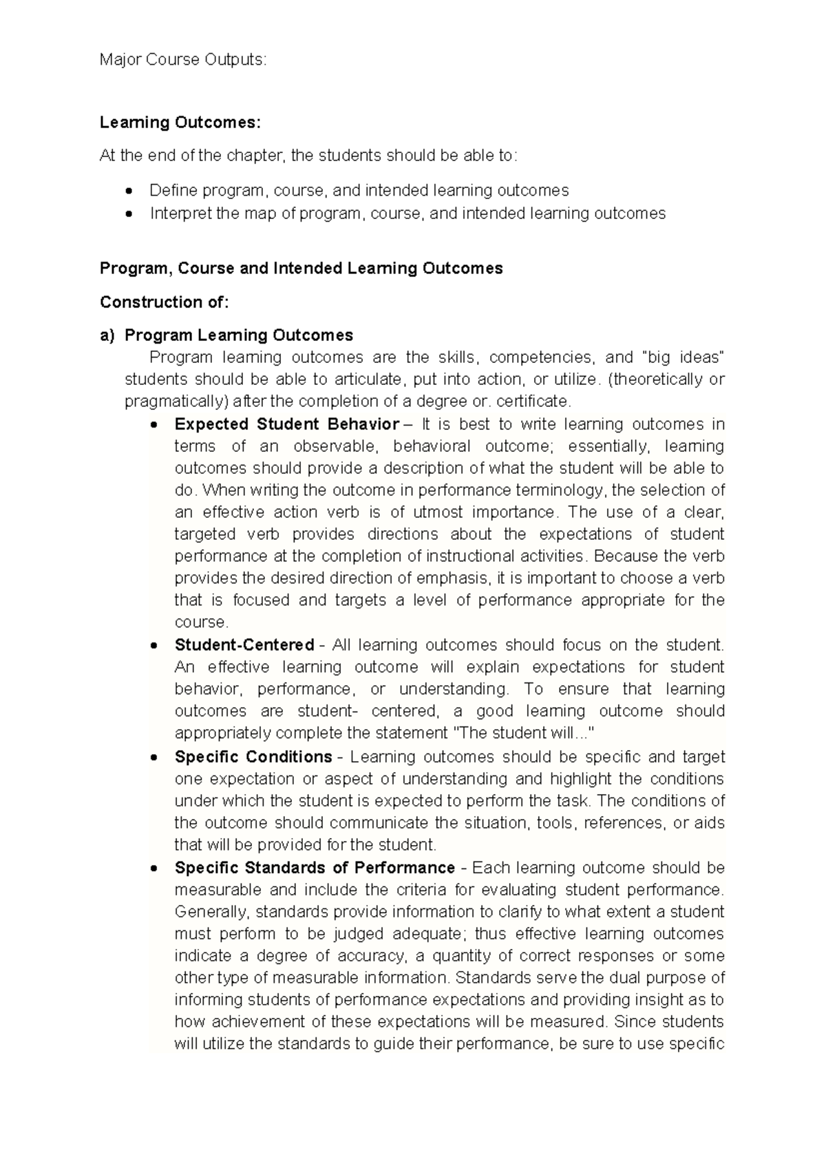 Major Course Outputs: Defining Program, Course, and Learning Outcomes ...