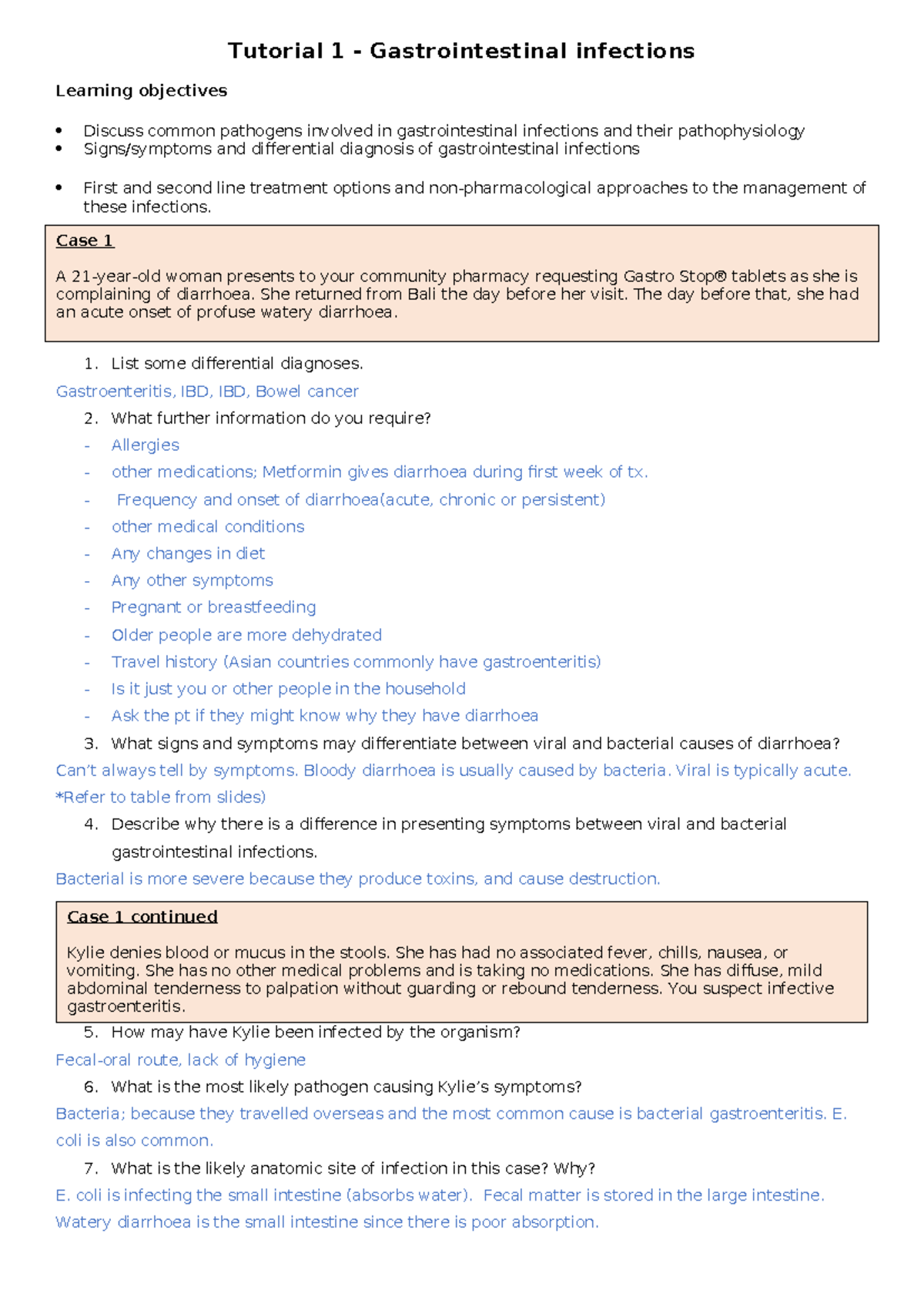 Phar2203 Tutorial 1: Gastrointestinal Infections & Management Cases ...