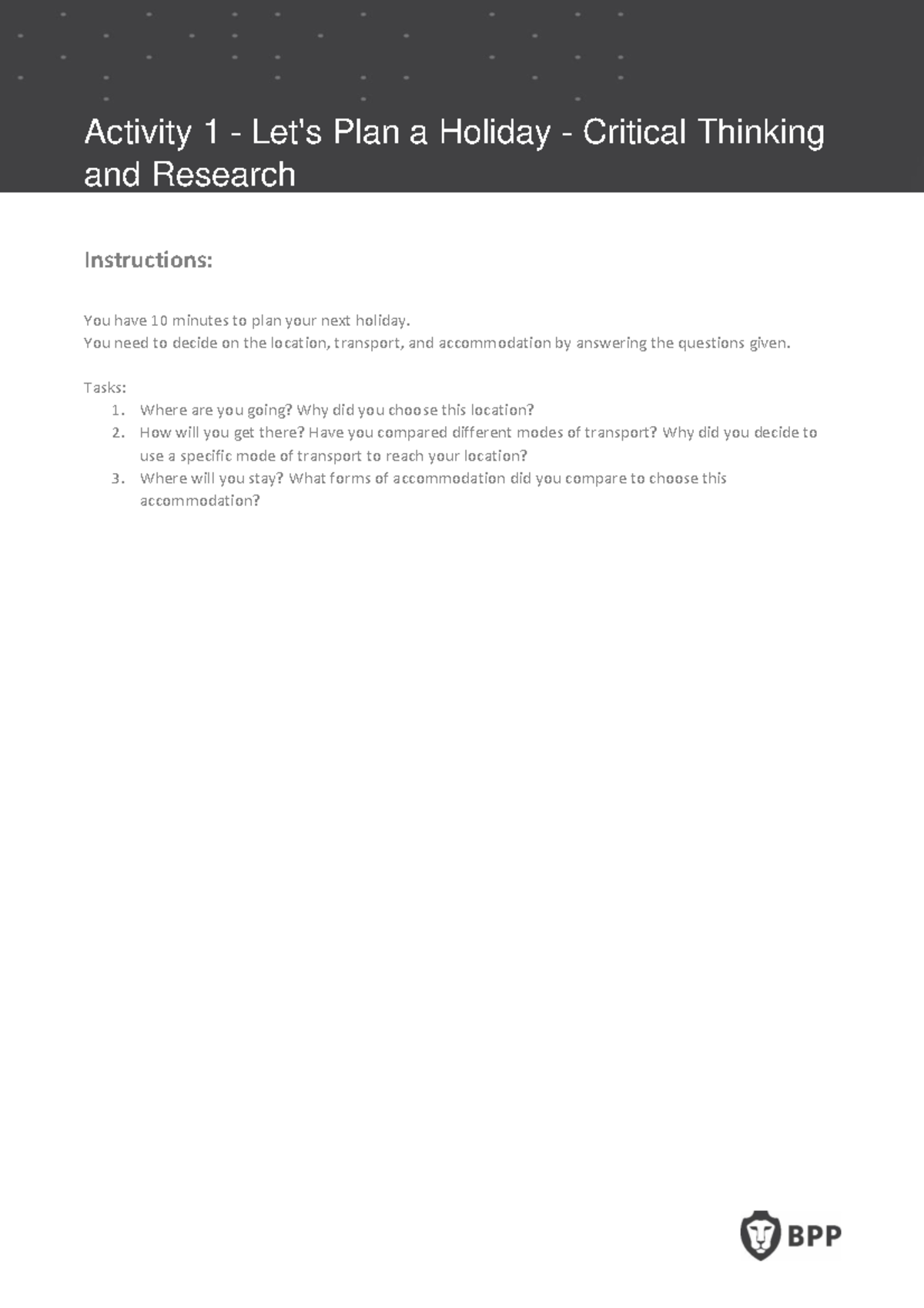 Activity 1 - Lets Plan a Holiday - Critical Thinking and Research ...
