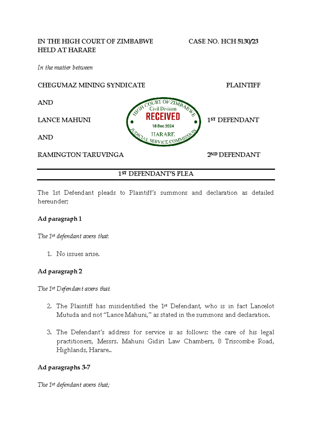 HCH 5130 - 1st Defendant's Plea Response in Chegumaz Mining Case - Studocu