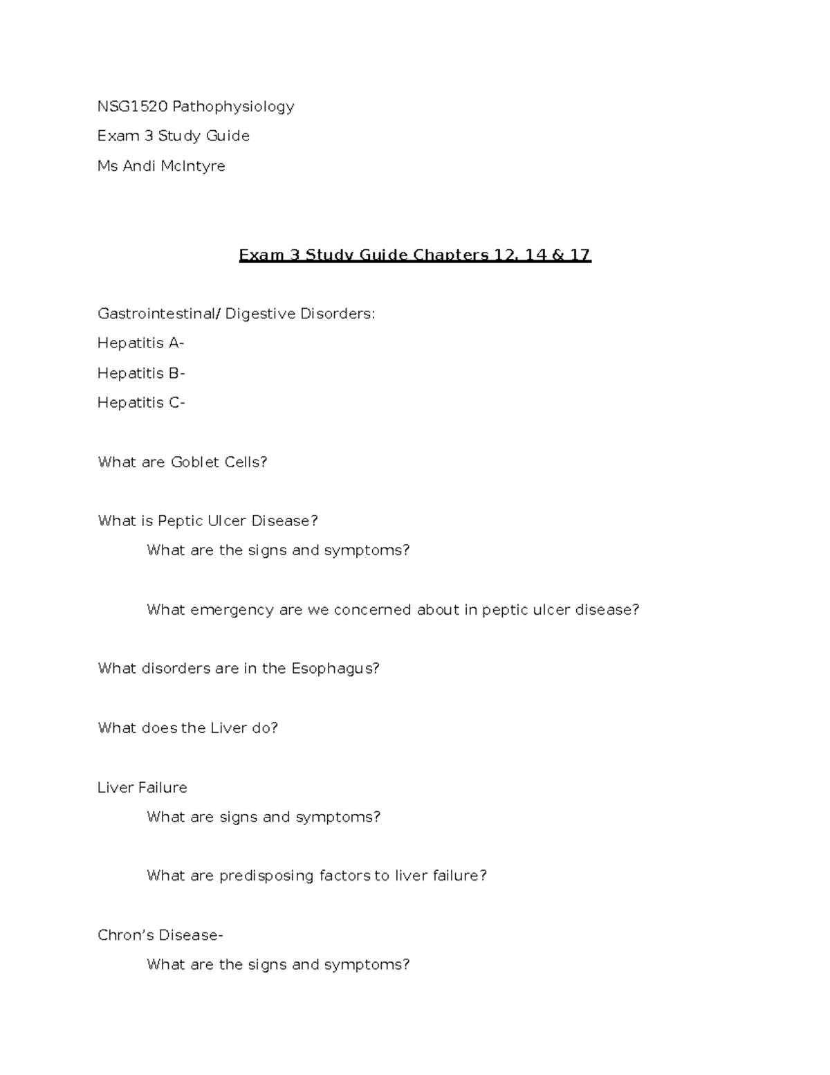 NSG1520 Pathophysiology Study Guide Exam 3 - NSG1520 Pathophysiology ...