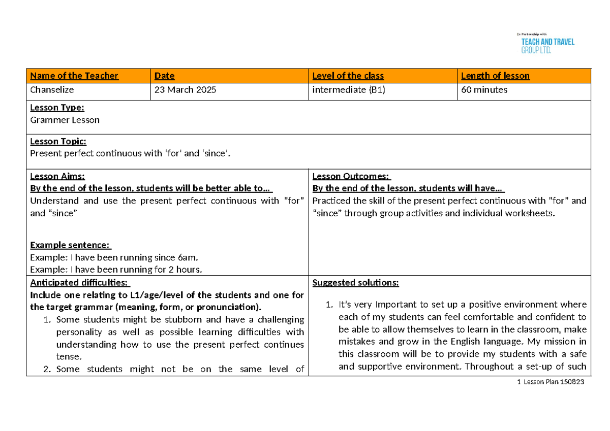 Lesson Plan: Present Perfect Continuous with For & Since (B1) - Studocu