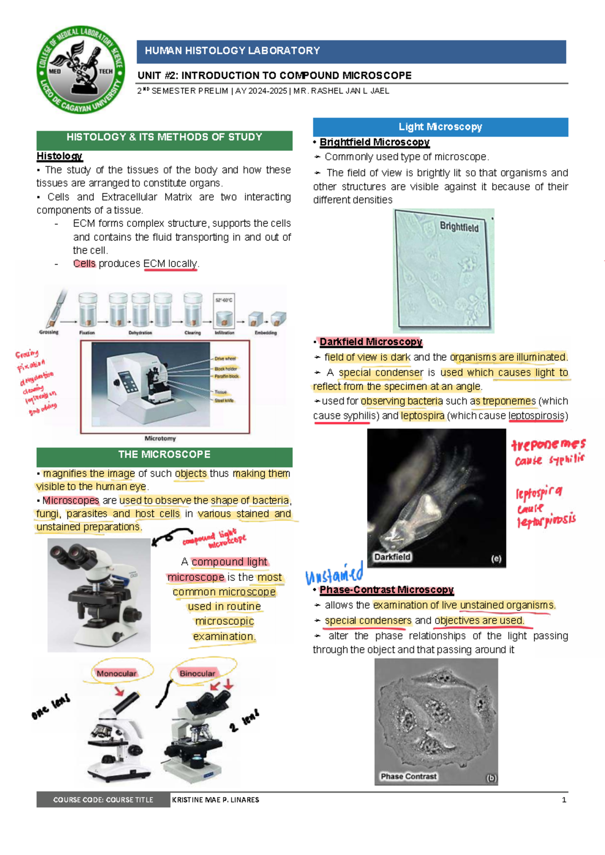 HISTO 101: Intro to Compound Microscope - 2nd Sem Prelim Lab Notes ...