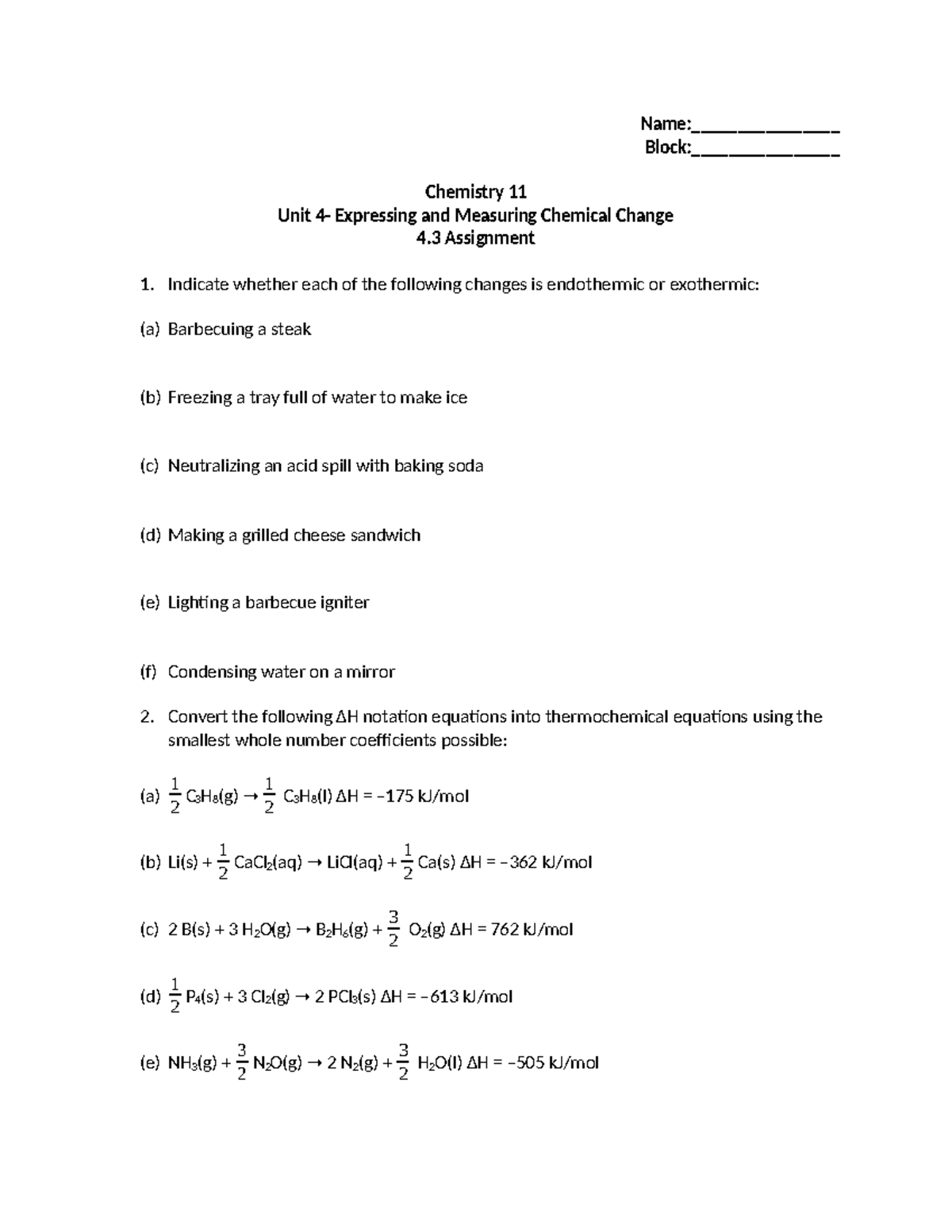 Chemistry 11 Unit 4.3 Endothermic & Exothermic Problems - Studocu
