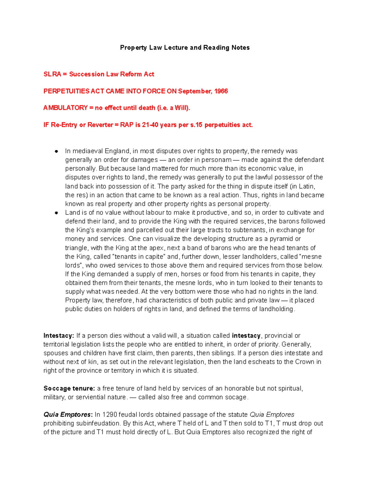 Lecture and Reading Notes - Property Law Overview and Key Concepts ...